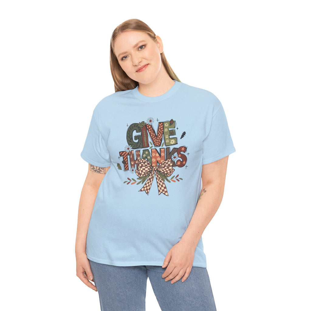 Give Thanks Tee Thanksgiving Graphic T-Shirt with Rustic Bow Design