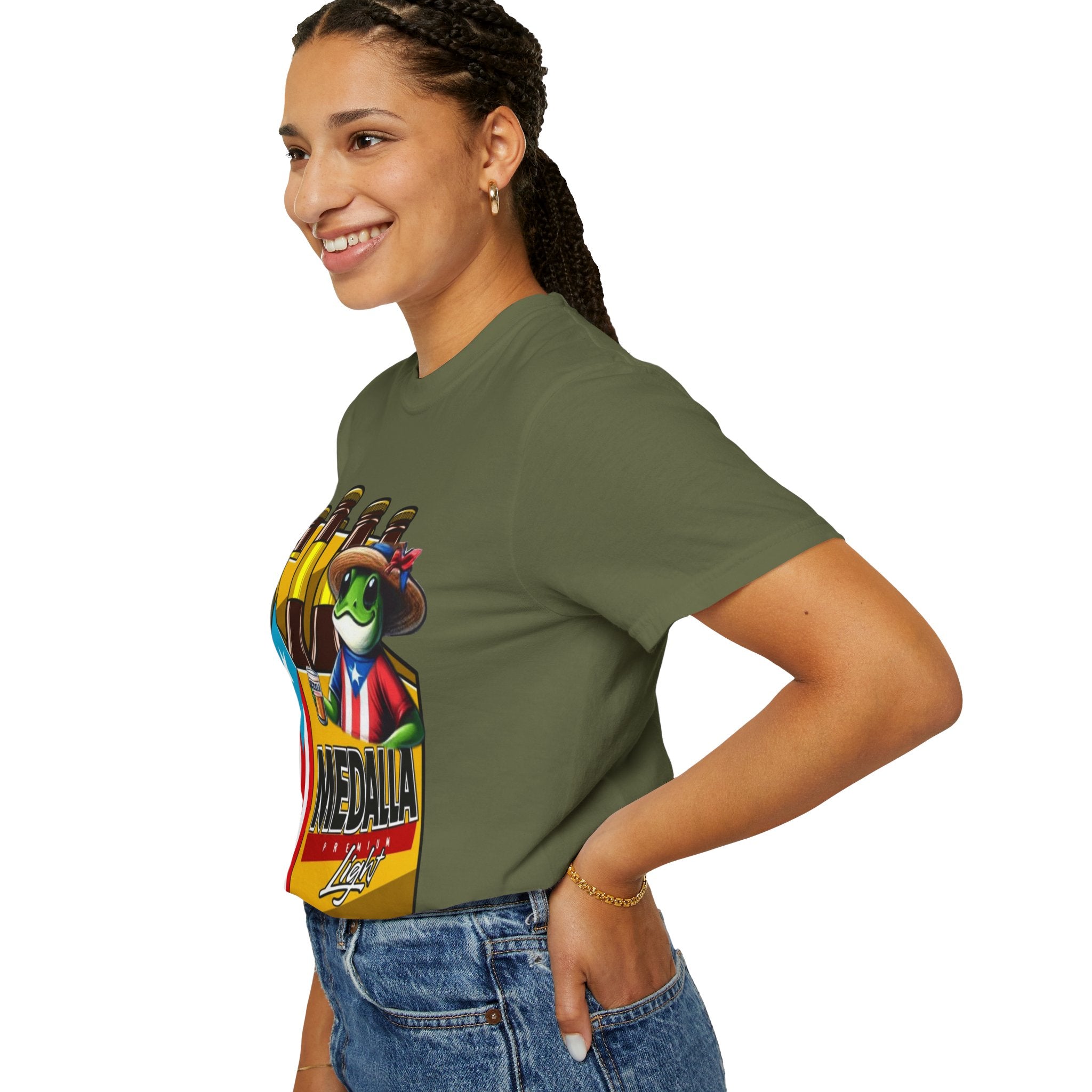 Medalla Light Puerto Rican Beer T-Shirt Coqui Frog Mascot Six-Pack Graphic Tee Puerto Rico’s Navidades