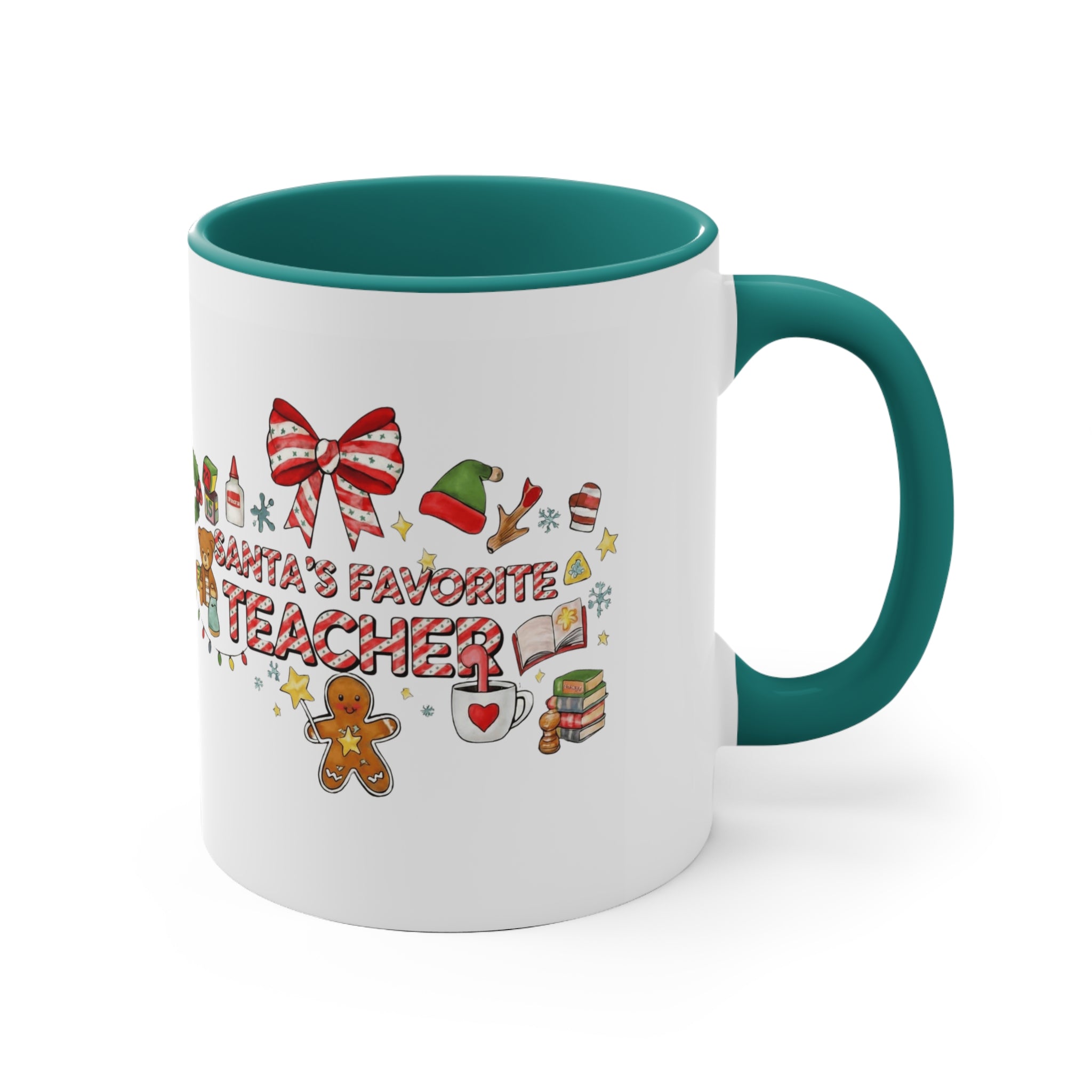A festive Christmas mug for teachers who inspire hearts and minds all year long.  “Santa’s Favorite Teacher” 11oz Accent Coffee Cup