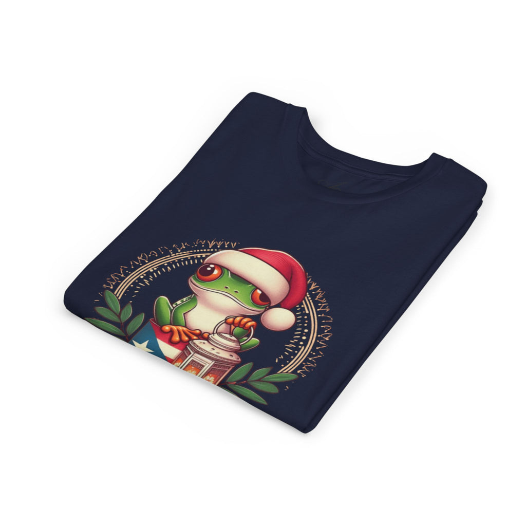 Kids Tee Cute Frog with Puerto Rican Flag & Lantern (Feliz Navidad)