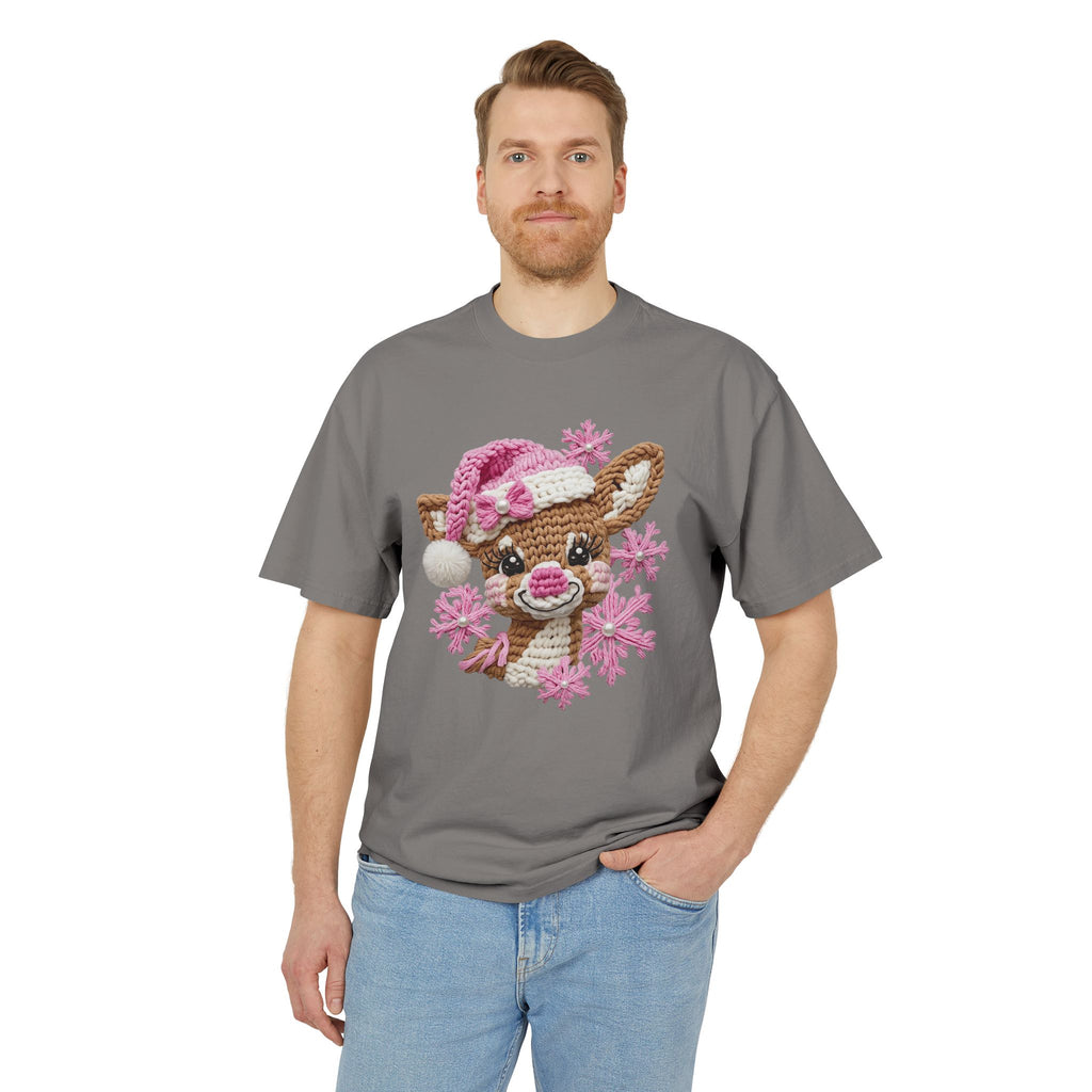 Cute Reindeer Tee — Pink Santa Hat & Snowflakes Holiday T-Shirt  cartoon-style Christmas artwork