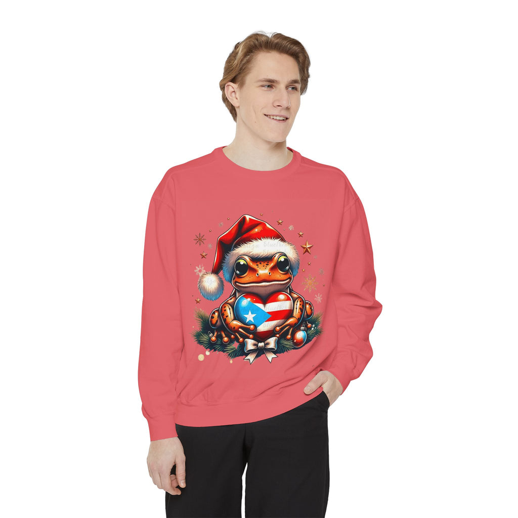Christmas Coqui Sweatshirt — Cute Santa Frog Holding Ornament Holiday Sweater