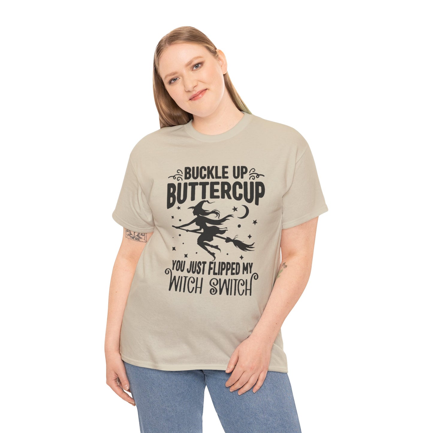 Witchy Humor Tee - Buckle Up Buttercup, Unisex Heavy Cotton Tee, Halloween Shirt, Casual Wear, Gift for Her, Funny T-Shirt