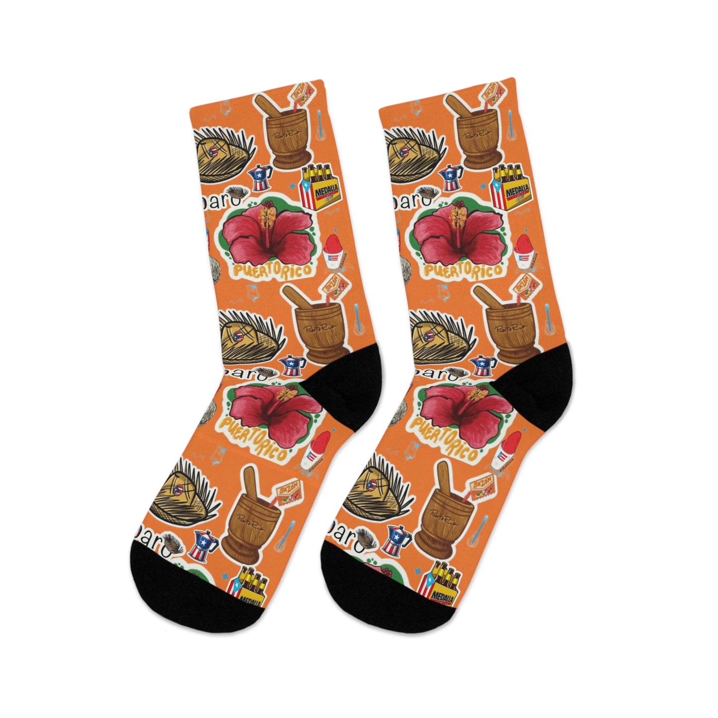 Navidad en Puerto Rico Travel Sticker Crew Socks — Bright Orange Vintage Passport & Hibiscus Pattern