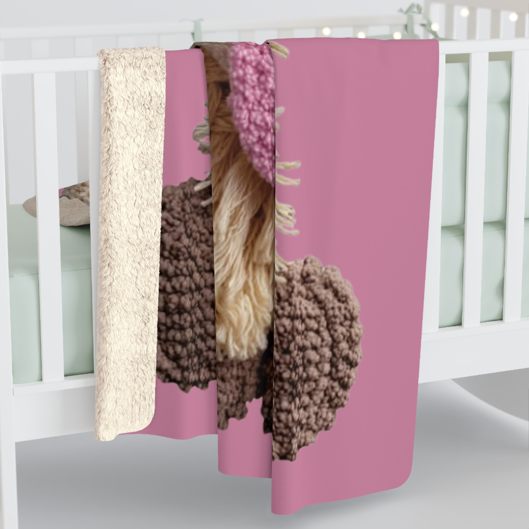 Santa’s Little Snuggle Blanket Cute Highland Cow Sherpa Blanket  Pink Knit Hat & Sunglasses Plush Throw