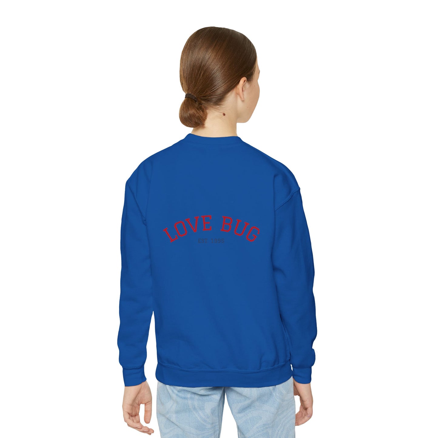Youth Sweatshirt  Cute Girl with Heart Shower "Love Bug" Crewneck