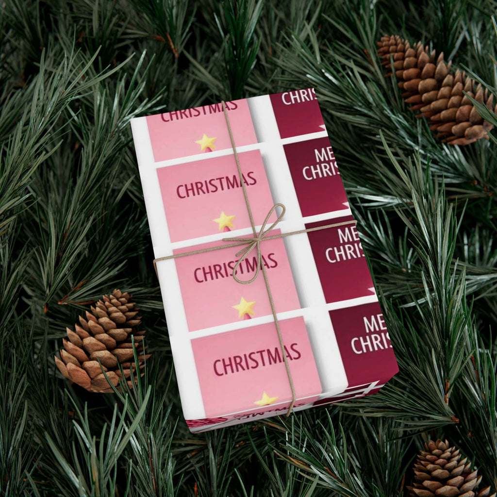 Christmas Gift Wrap Paper - Pink Merry Christmas Star & Tree Holiday Wrapping Sheets