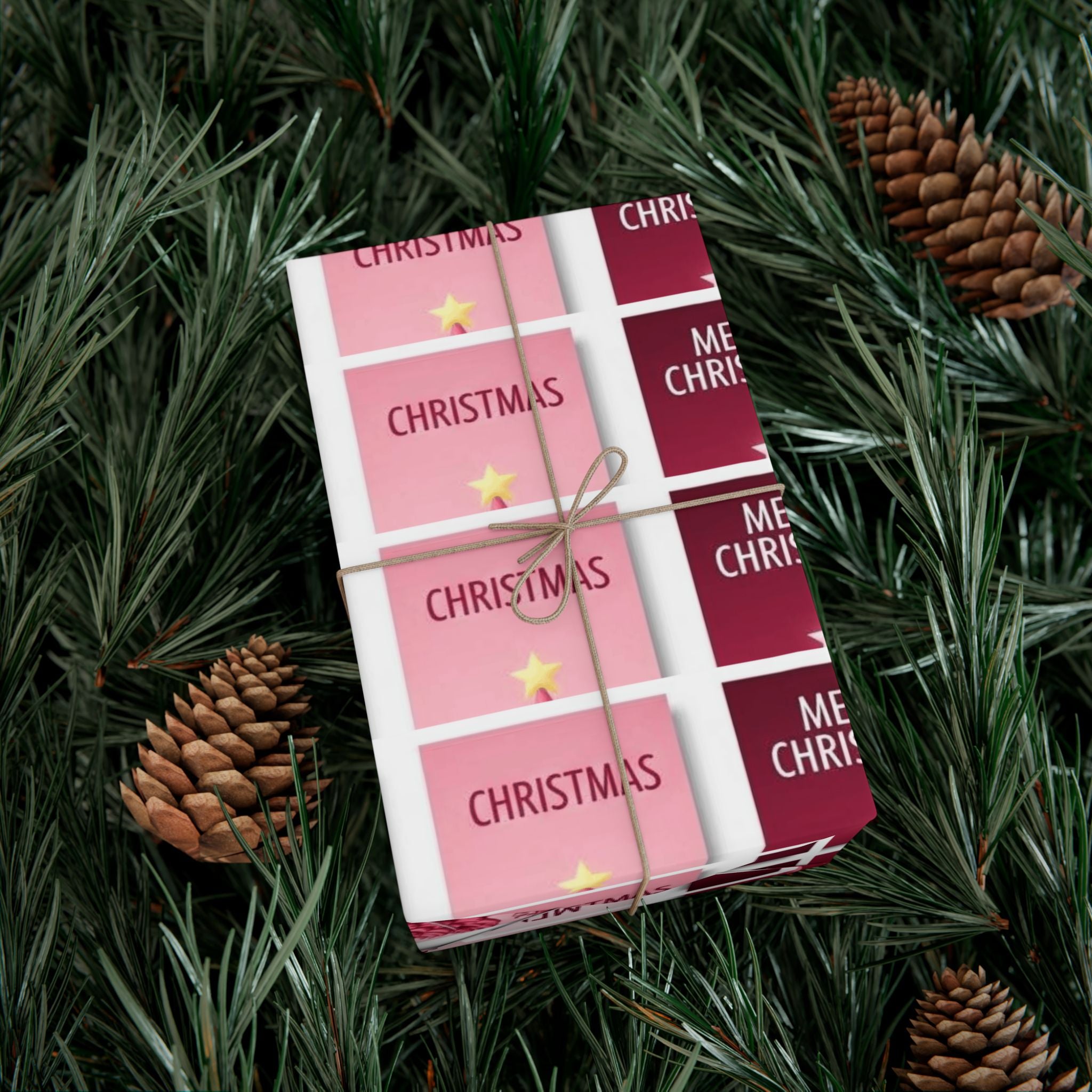 Christmas Gift Wrap Paper - Pink Merry Christmas Star & Tree Holiday Wrapping Sheets