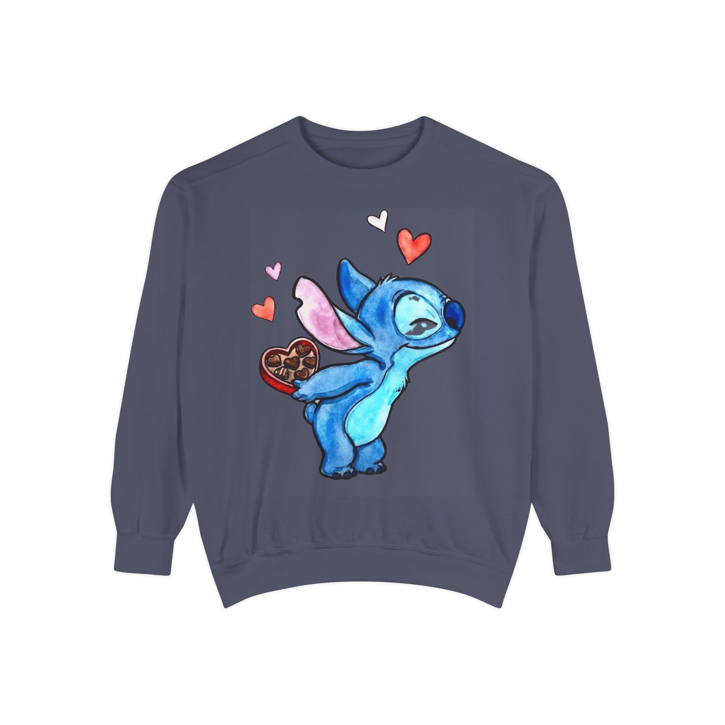 Stitch Valentine Sweatshirt — Cute Blue Alien with Hearts & Chocolate Pocket