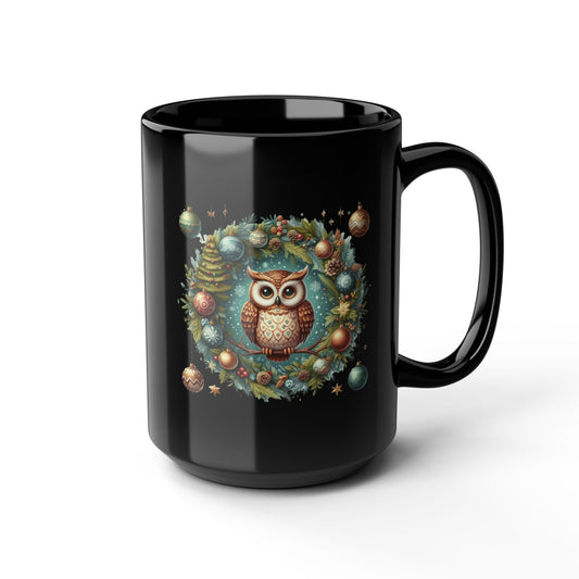 Fun Celebration Mug Coffee Cup for Special Moments & Positive Vibes Festive Owl Holiday Mug - 15oz Black Ceramic Coffee Cup