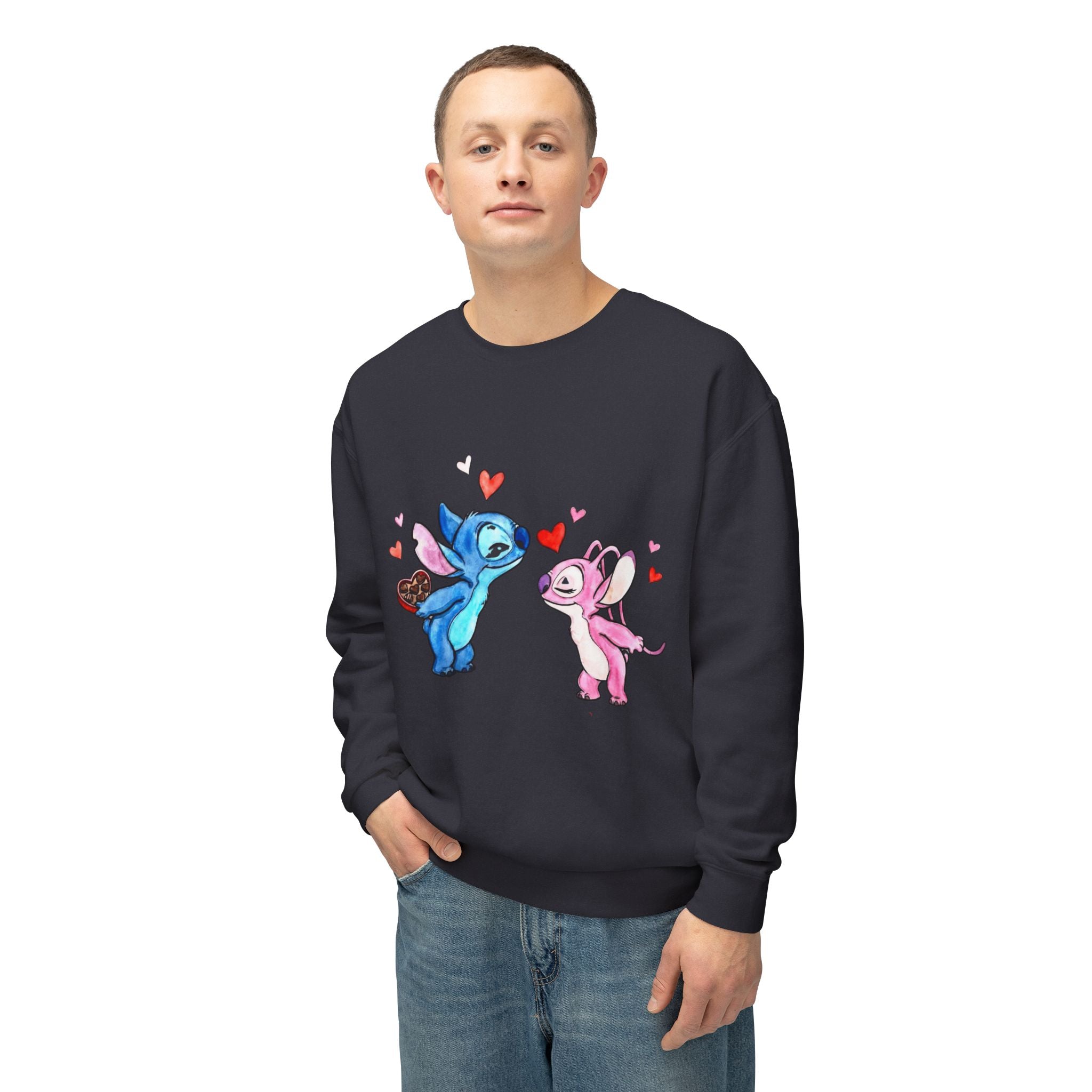 Cute Stitch Valentine Sweatshirt — Blue & Pink Love Characters with Hearts