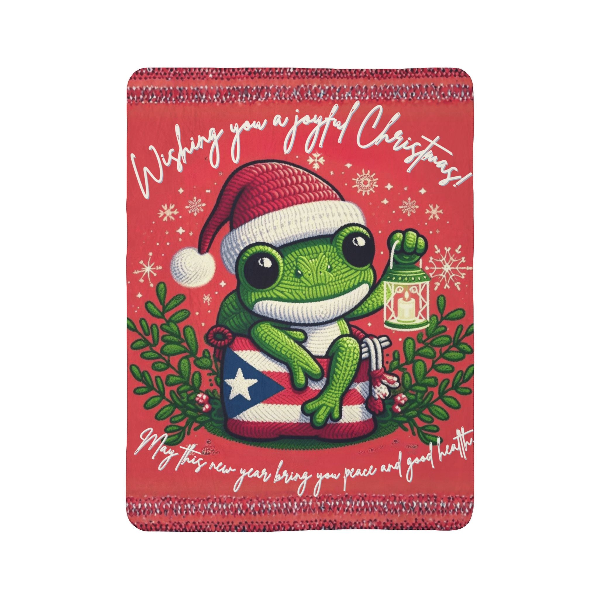 Puerto Rico Design Blanket Christmas Frog Sherpa Blanket – Holiday Cozy Throw with 'Wishing You a Joyful Christmas' Design