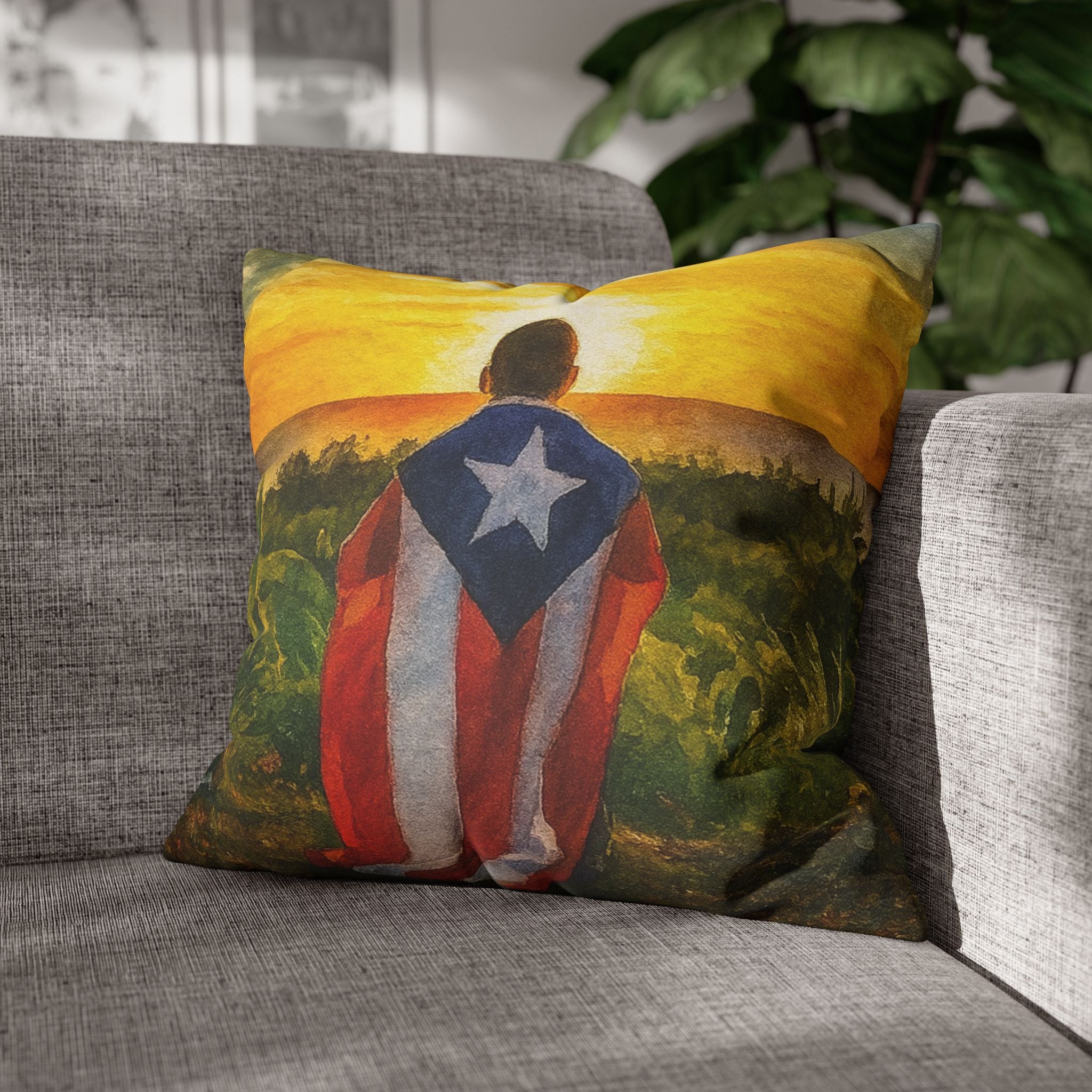 Puerto Rican Flag Sunset Pillowcase  Boy Draped in Puerto Rico Flag Decorative Throw Pillow Puerto Rico Culture Pillow