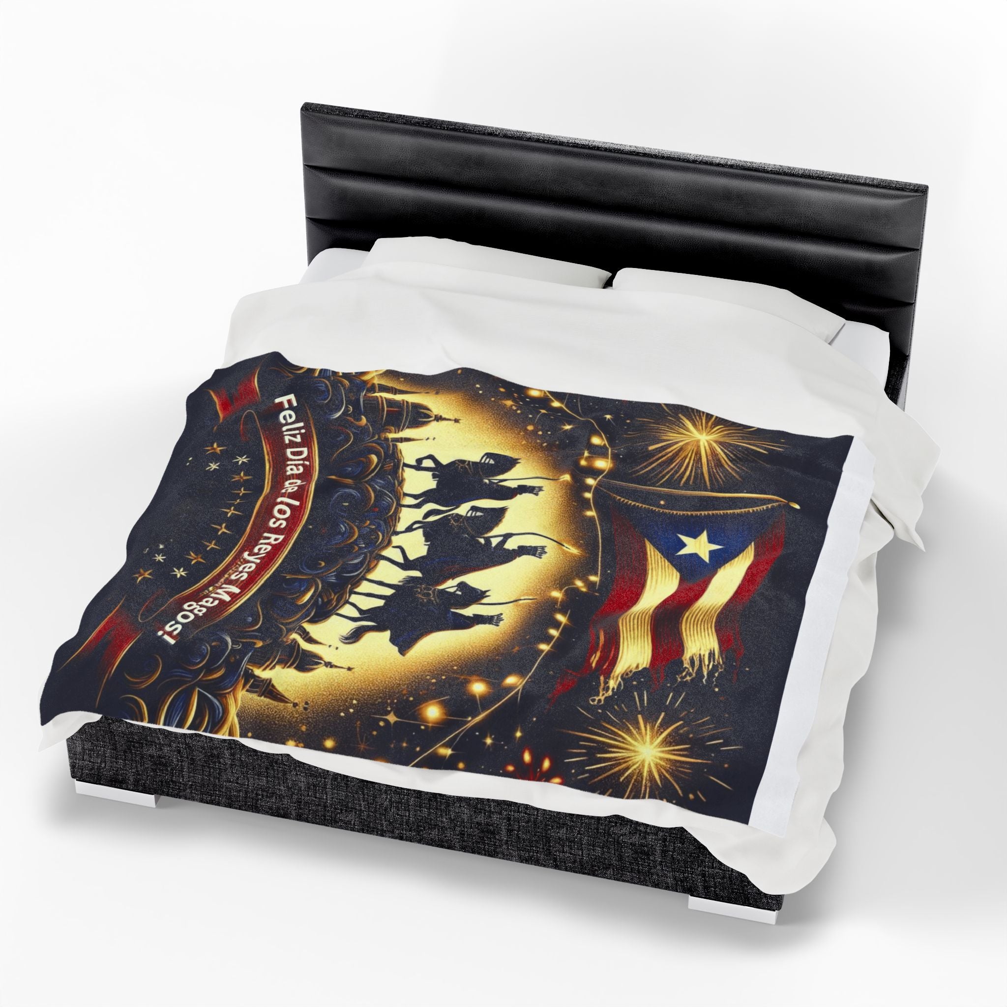 Velveteen Plush Blanket  Feliz Día de los Reyes Magos Puerto Rico Flag Holiday Throw
