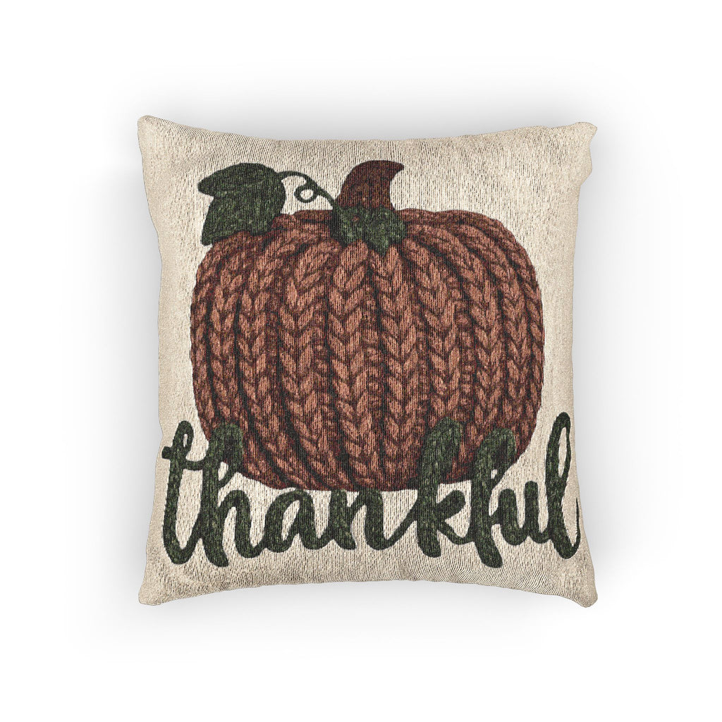 Thankful Pumpkin Woven Pillow — Fall Harvest Decorative Cushion