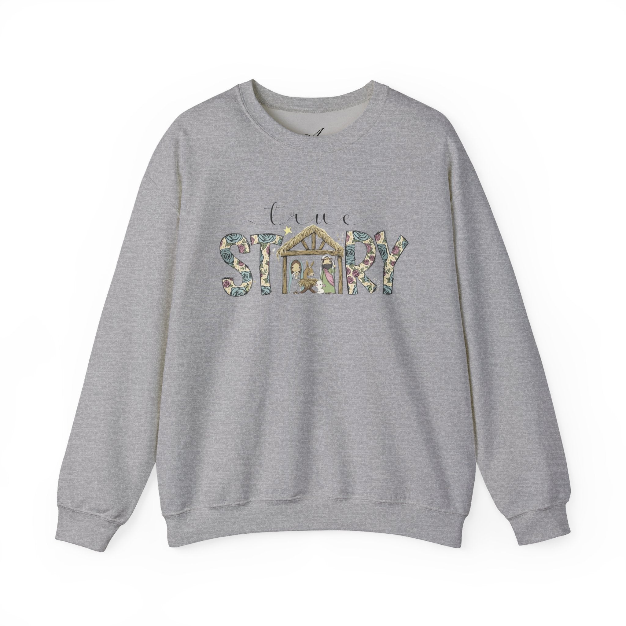 Crewneck Sweatshirt "Come Story" Floral Nativity Design  Cozy Christmas Pullover unique festive designs and joyful
