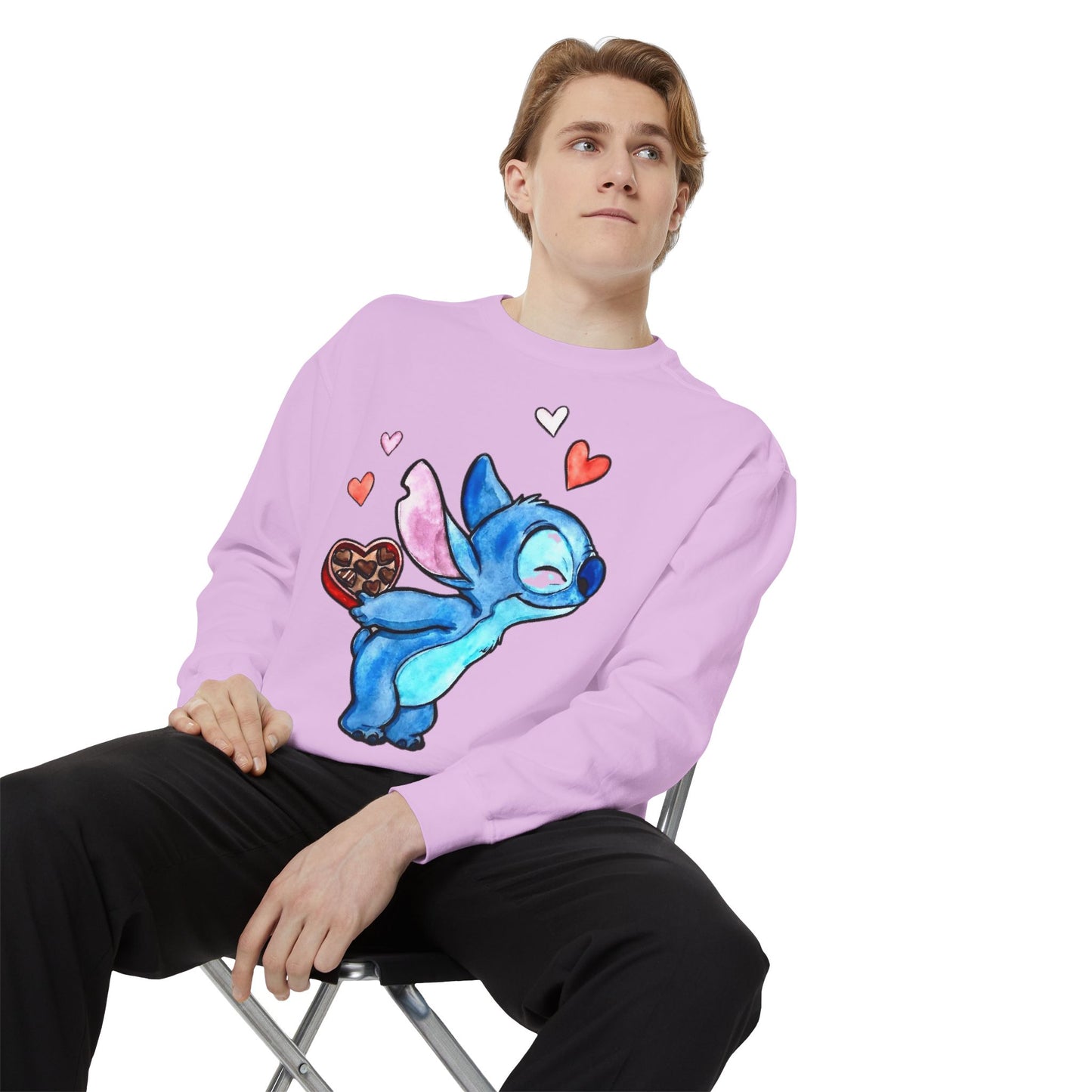 Stitch Valentine Sweatshirt — Cute Blue Alien with Hearts & Chocolate Pocket