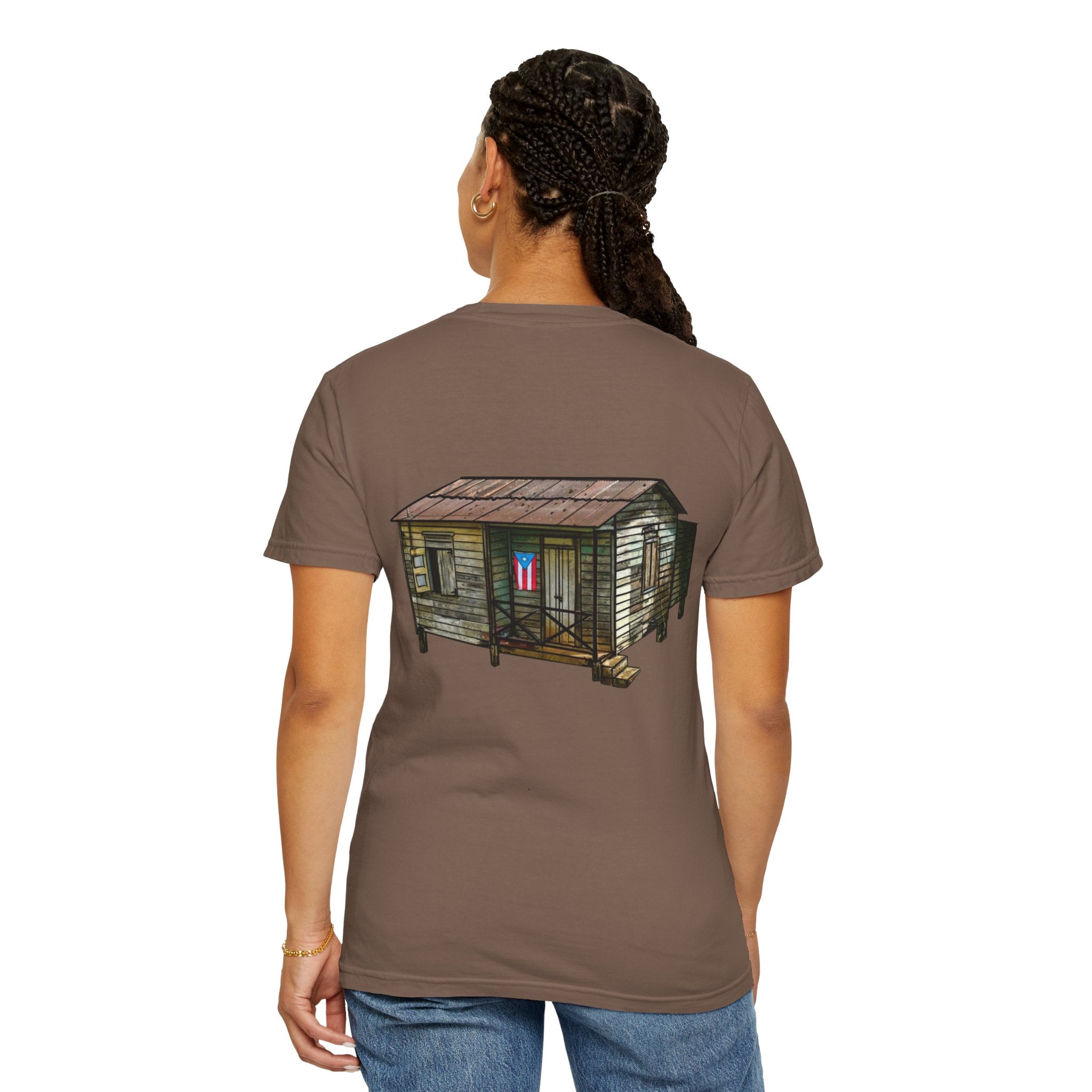 Puerto Rican Batey Cabin T-Shirt  Three Masks & Rustic House Graphic Tee Puerto Rico Navidades