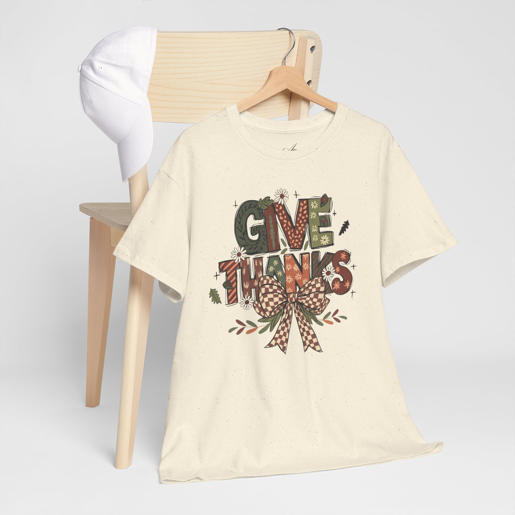 Give Thanks Tee Thanksgiving Graphic T-Shirt with Rustic Bow Design
