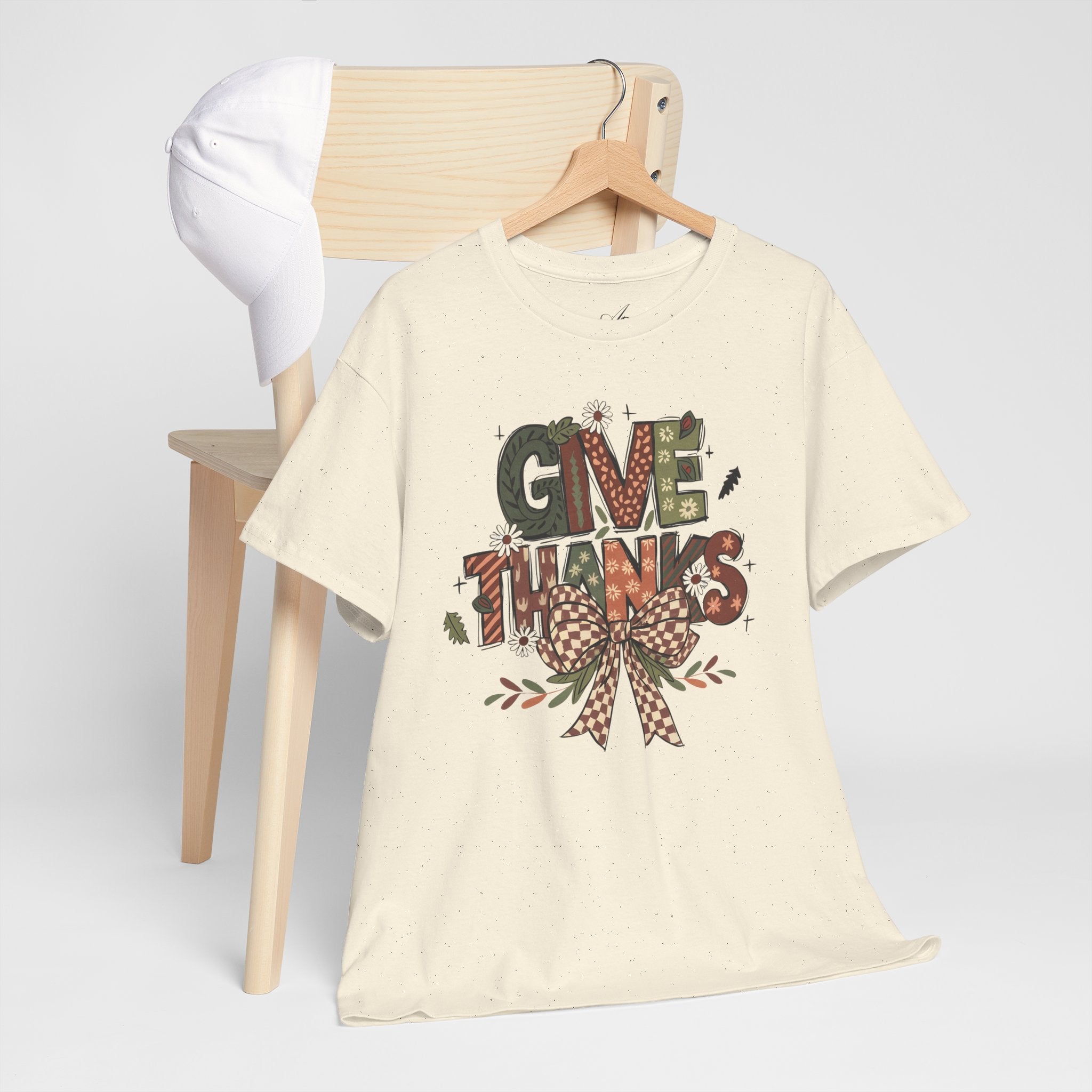 Give Thanks Tee Thanksgiving Graphic T-Shirt with Rustic Bow Design