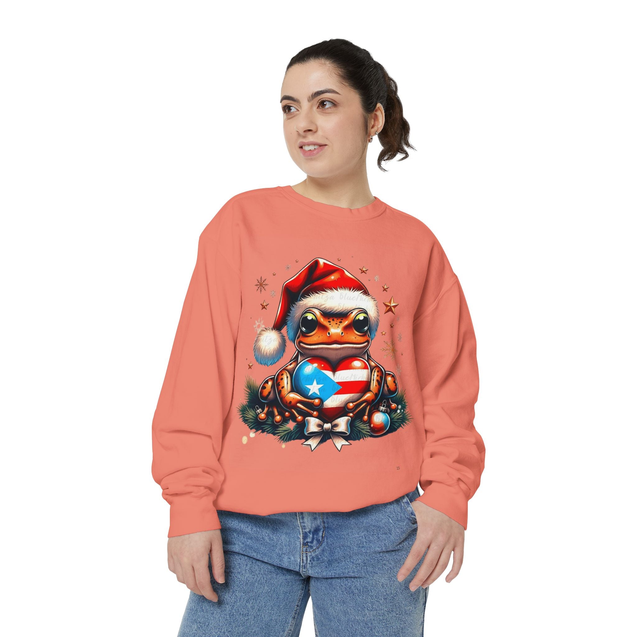 Christmas Coqui Sweatshirt — Cute Santa Frog Holding Ornament Holiday Sweater