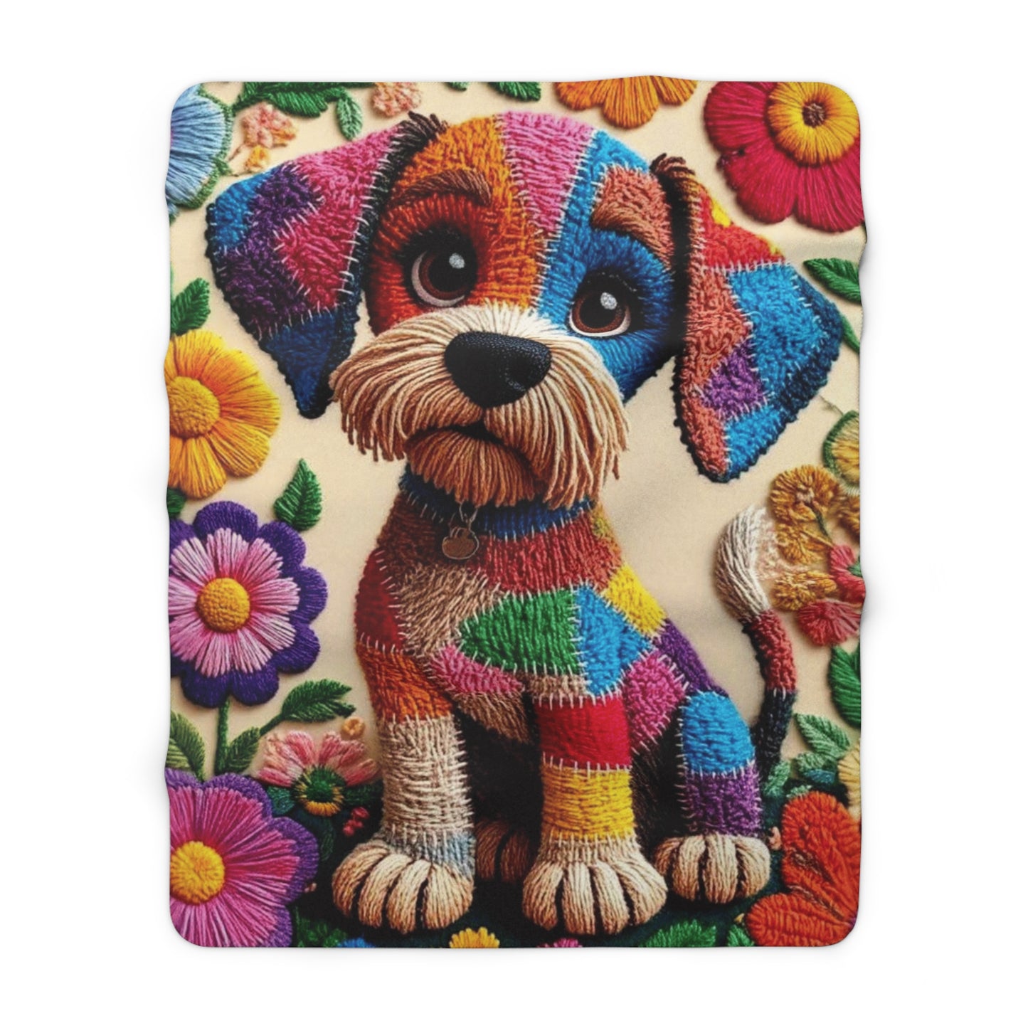 Colorful Patchwork Puppy Sherpa Blanket – Cozy Floral Dog Fleece Throw