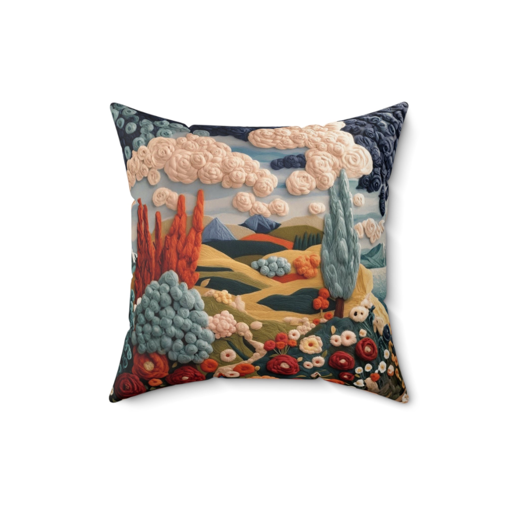 Embroidered Landscape Throw Pillow — Cozy Cottagecore Decorative Accent