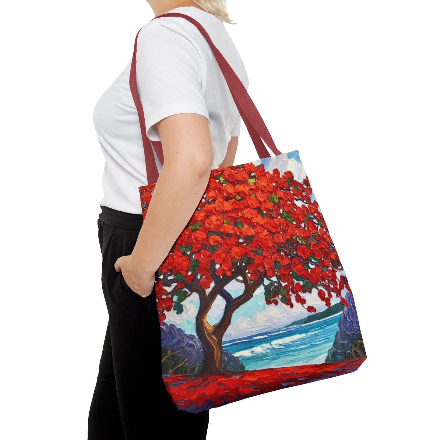 Red Blossom Beach Tote - Tropical Tree Art All-Over Print Tote Bag Crochet-Decorated Tote Bags