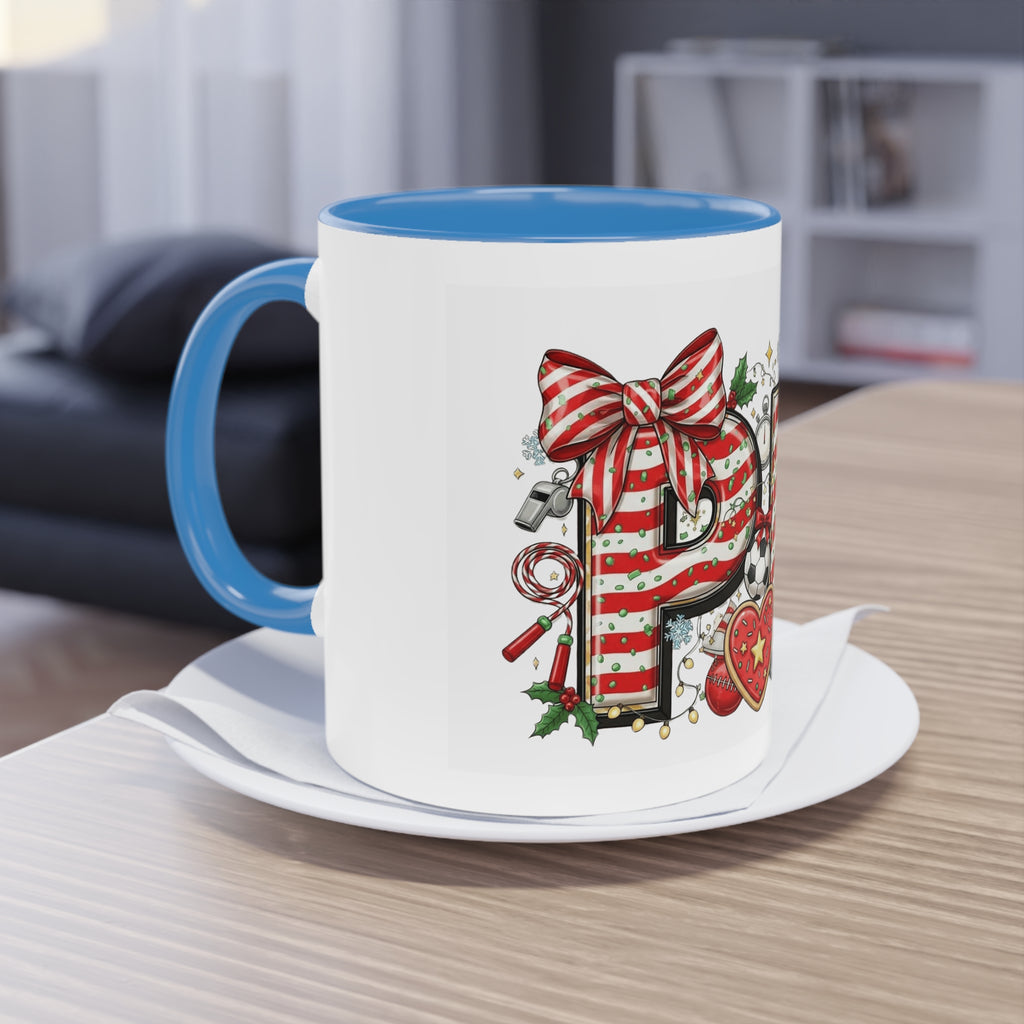 Holiday Sports Mom Coffee Mug Festive 'PE' Candy-Stripe Design, 11oz Two-Tone School Staff Christmas Mug Collection,