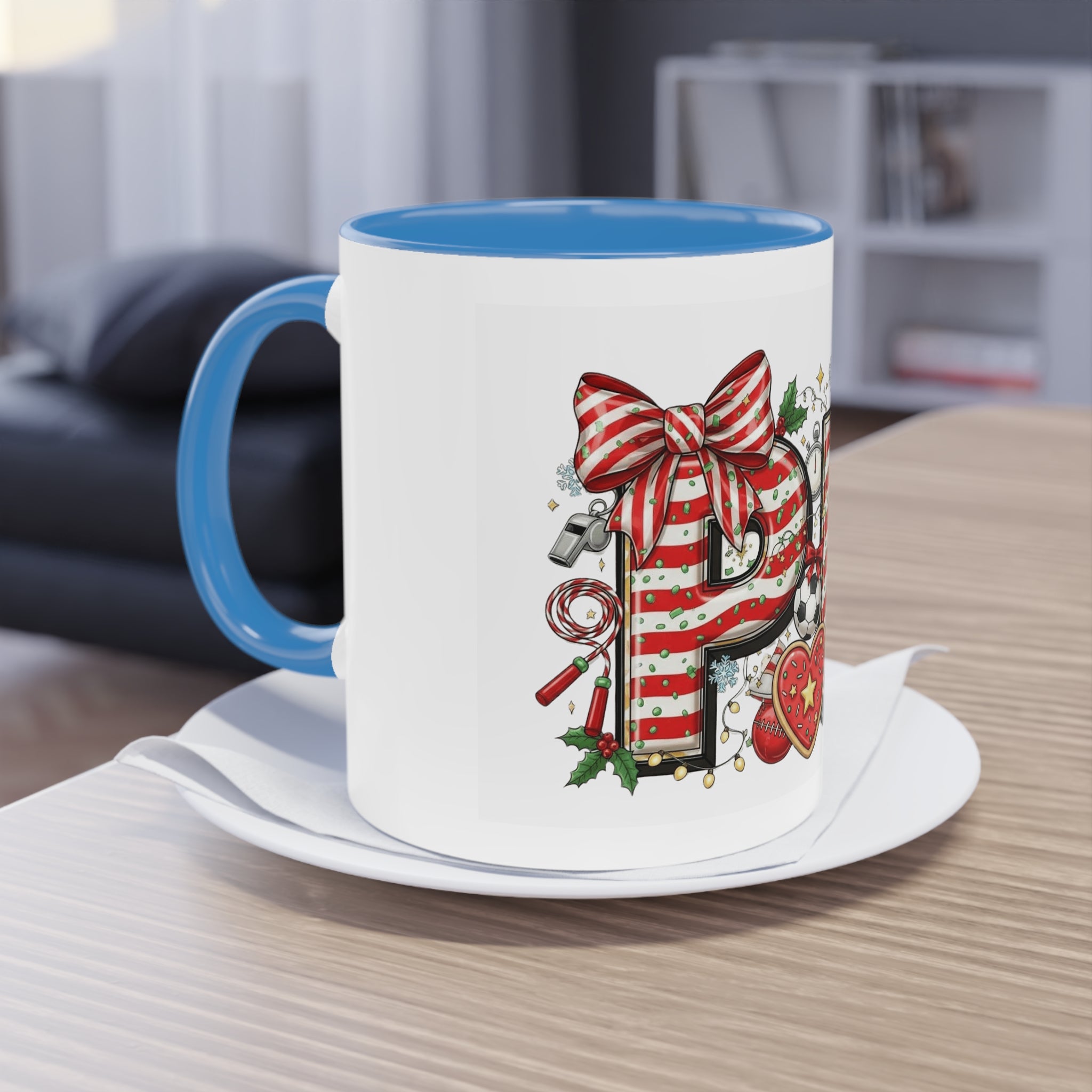 Holiday Sports Mom Coffee Mug Festive 'PE' Candy-Stripe Design, 11oz Two-Tone School Staff Christmas Mug Collection,