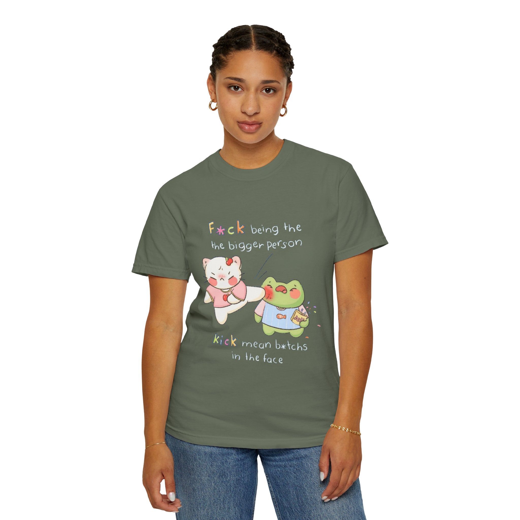 Graphic T-Shirt  Cute Kicking Cat & Frog with 'F*ck Being The Bigger Person' Slogan