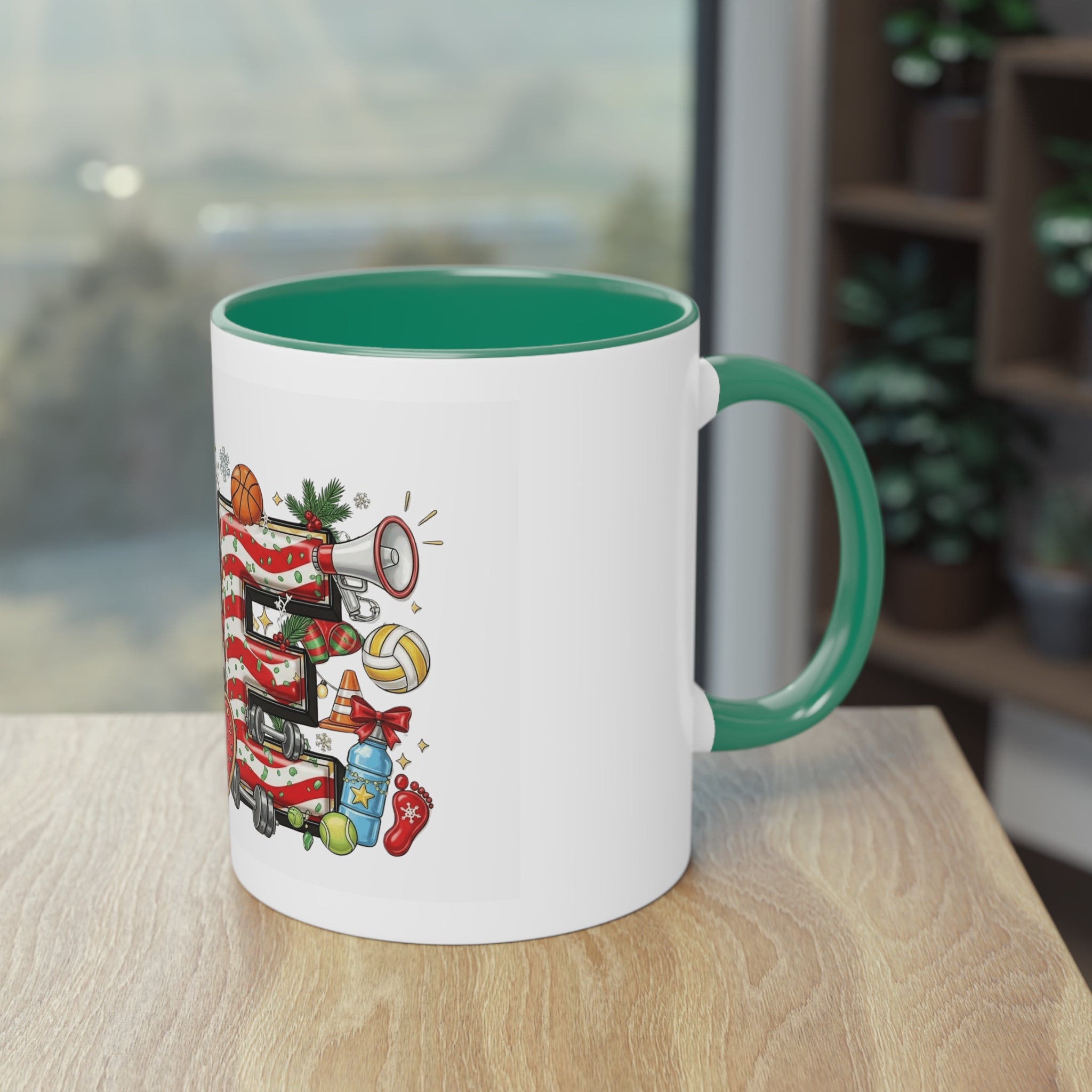 Holiday Sports Mom Coffee Mug Festive 'PE' Candy-Stripe Design, 11oz Two-Tone School Staff Christmas Mug Collection,
