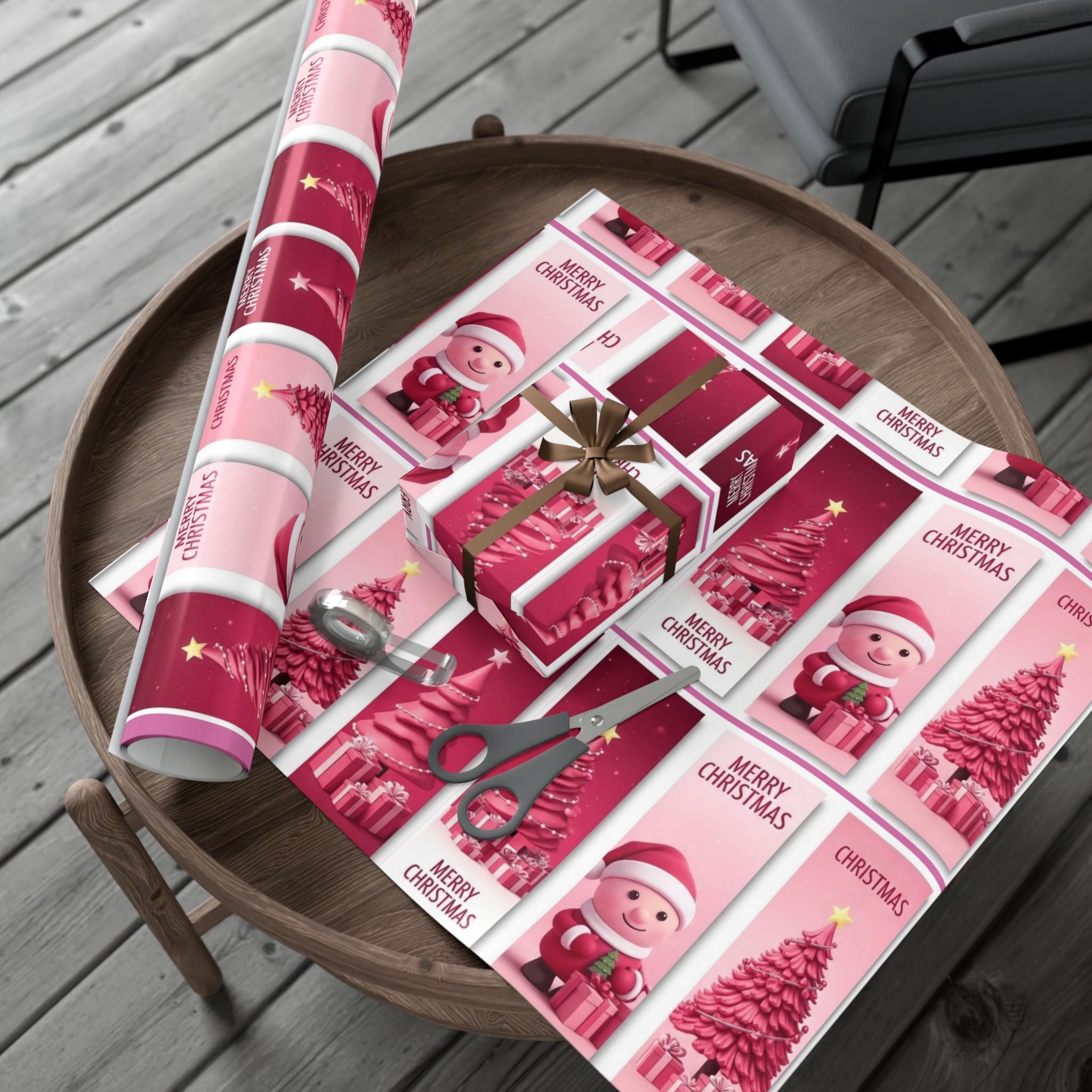 Christmas Gift Wrap Paper - Pink Merry Christmas Star & Tree Holiday Wrapping Sheets