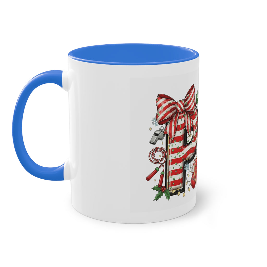 Holiday Sports Mom Coffee Mug Festive 'PE' Candy-Stripe Design, 11oz Two-Tone School Staff Christmas Mug Collection,