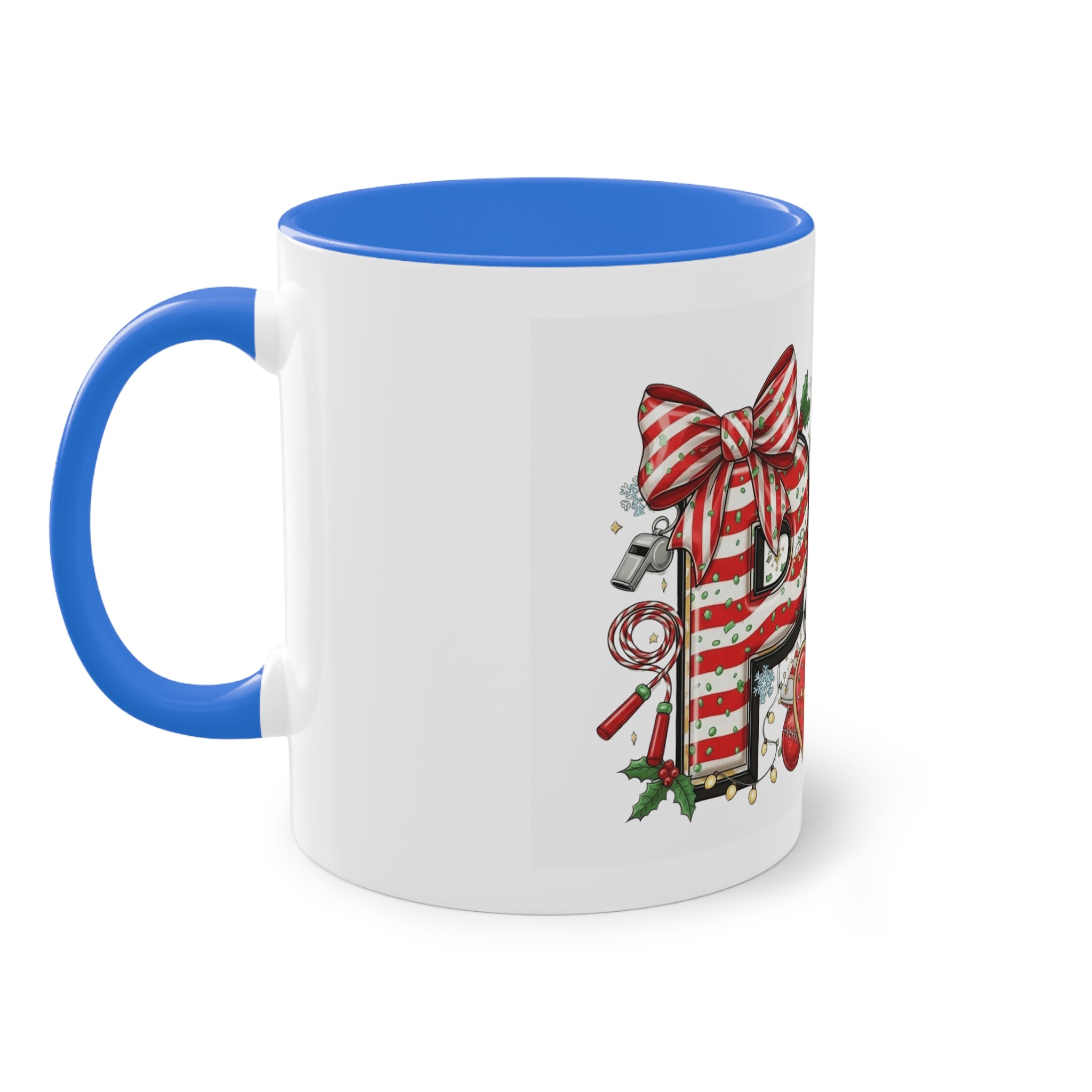 Holiday Sports Mom Coffee Mug Festive 'PE' Candy-Stripe Design, 11oz Two-Tone School Staff Christmas Mug Collection,