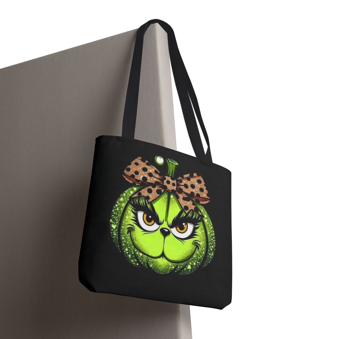 Grinch-Inspired Tote Bag with Polka Dot Bow Christmas Tote Bag Festive Holiday Design