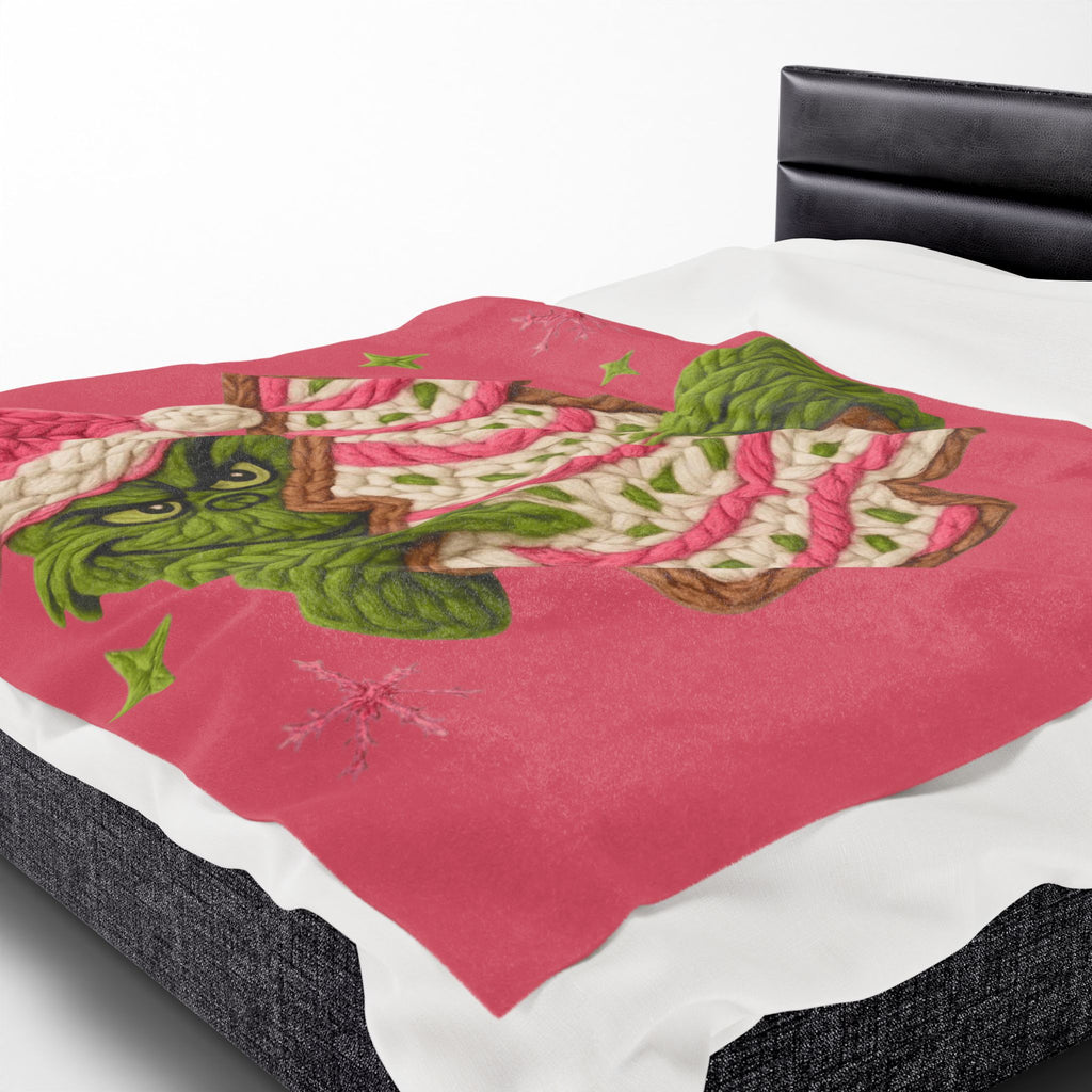 Grinch Holiday Plush Blanket – Cozy Velveteen Christmas Throw with Knitted Tree Design