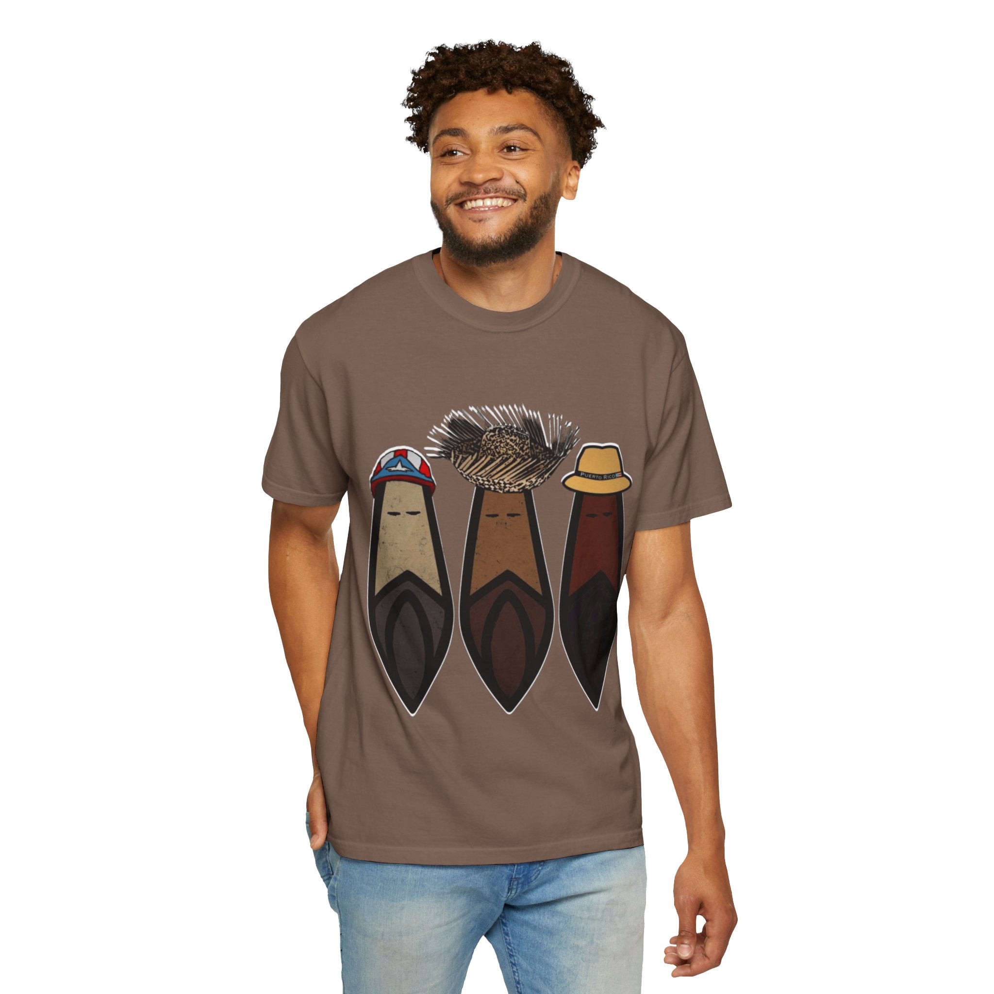 Puerto Rican Batey Cabin T-Shirt  Three Masks & Rustic House Graphic Tee Puerto Rico Navidades
