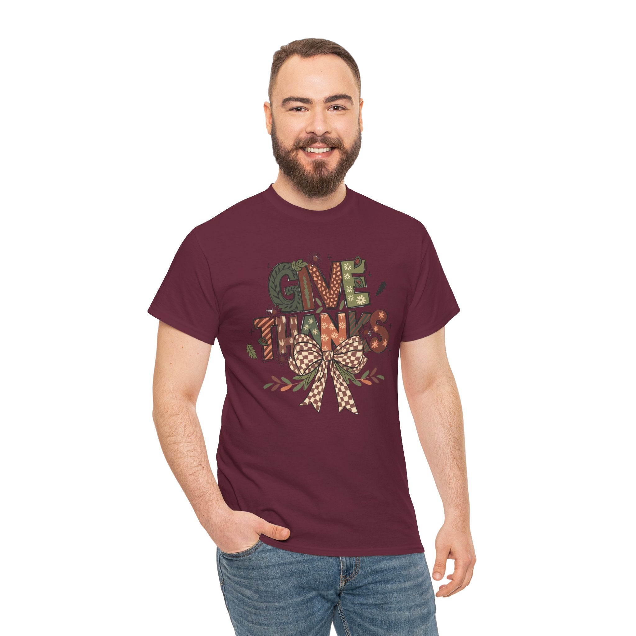 Give Thanks Tee Thanksgiving Graphic T-Shirt with Rustic Bow Design