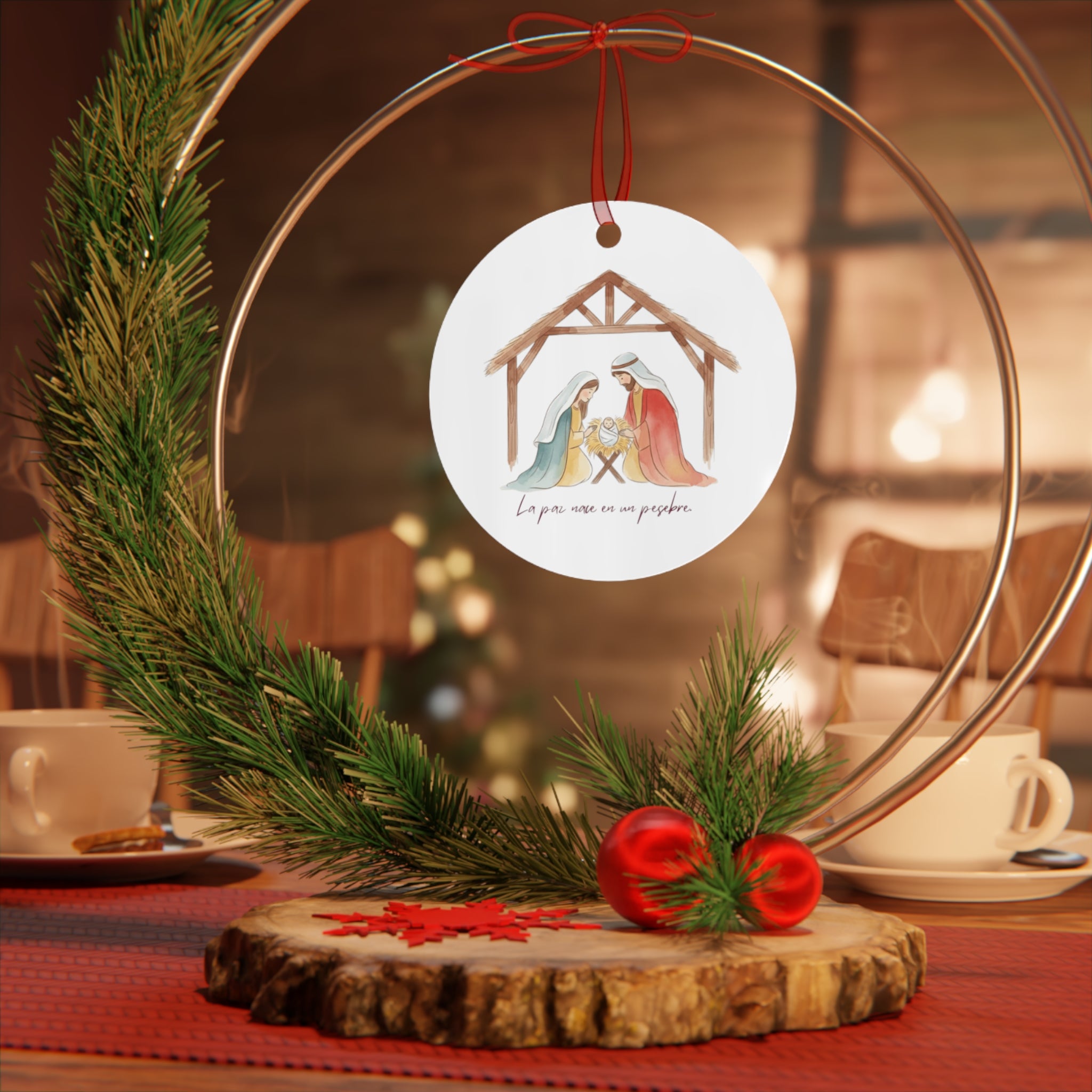 Nativity Metal Ornament — "La paz nace en un pesebre" Christmas Decoration