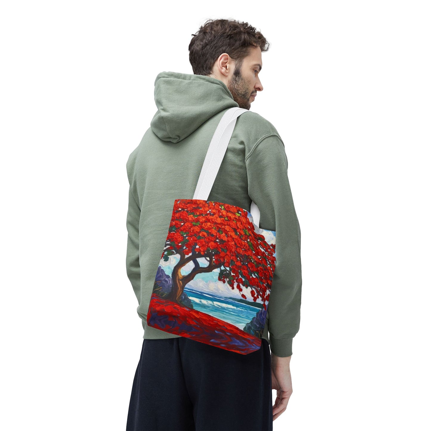 Red Blossom Beach Tote - Tropical Tree Art All-Over Print Tote Bag Crochet-Decorated Tote Bags