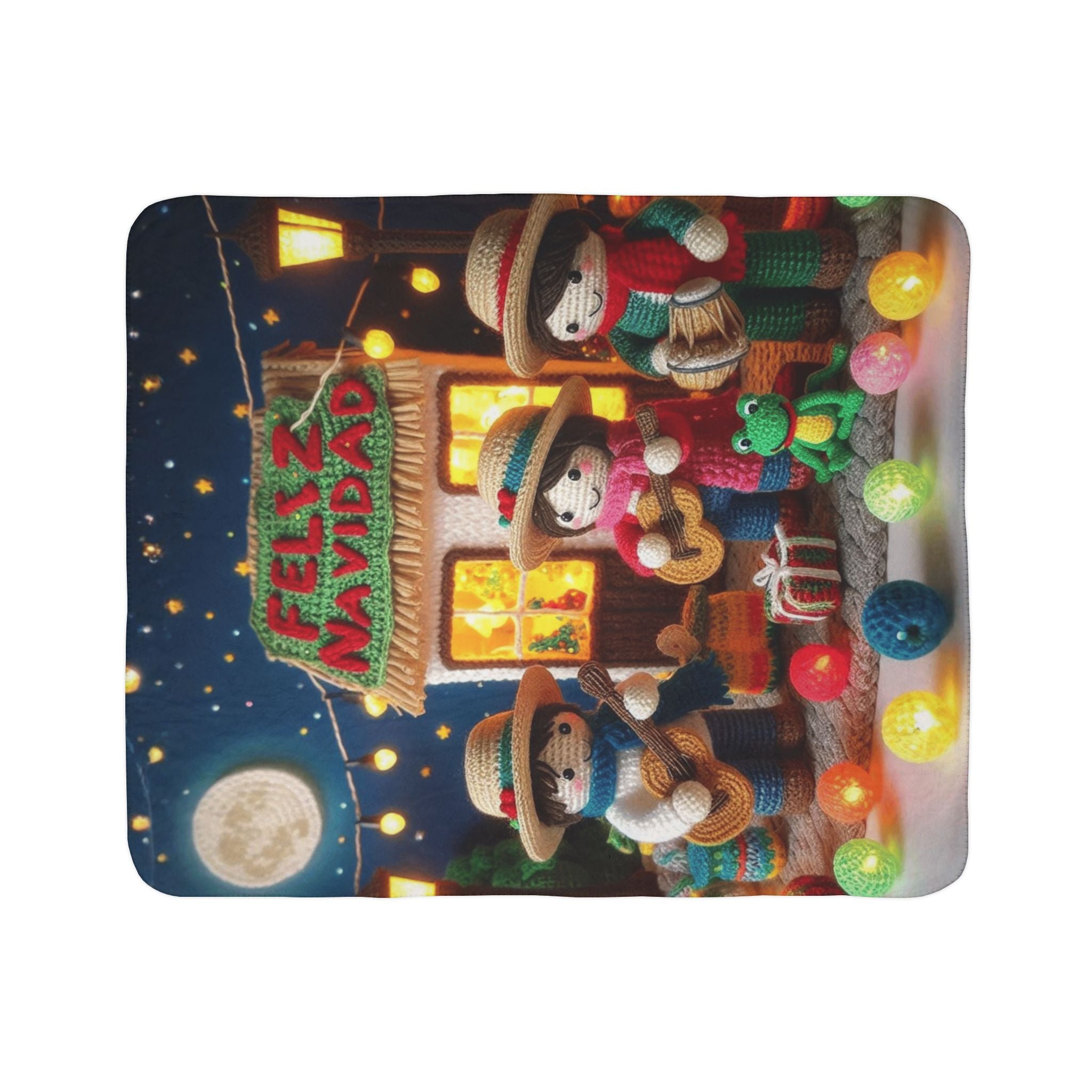 Feliz Navidad Fleece Sherpa Blanket — Festive Mexican Carolers Holiday Throw Puerto Rico Design Blanket