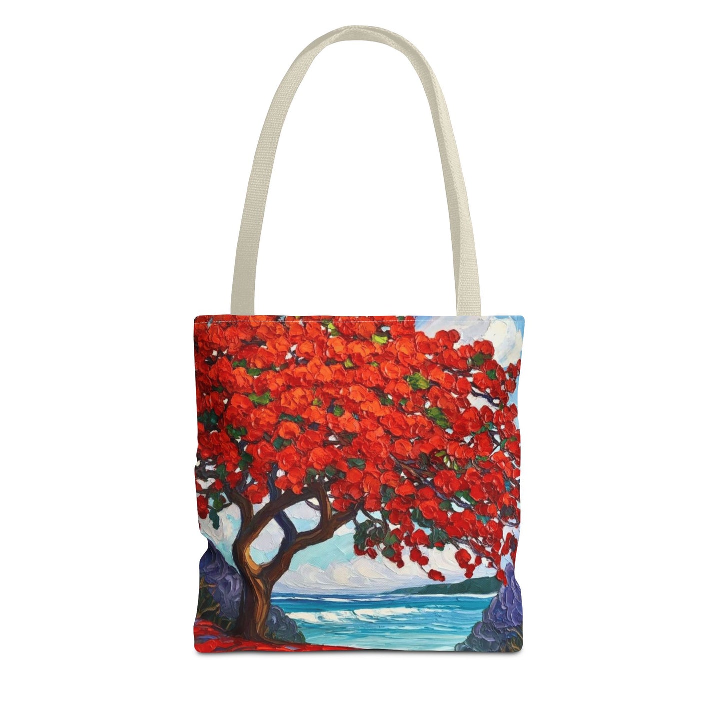 Red Blossom Beach Tote - Tropical Tree Art All-Over Print Tote Bag Crochet-Decorated Tote Bags
