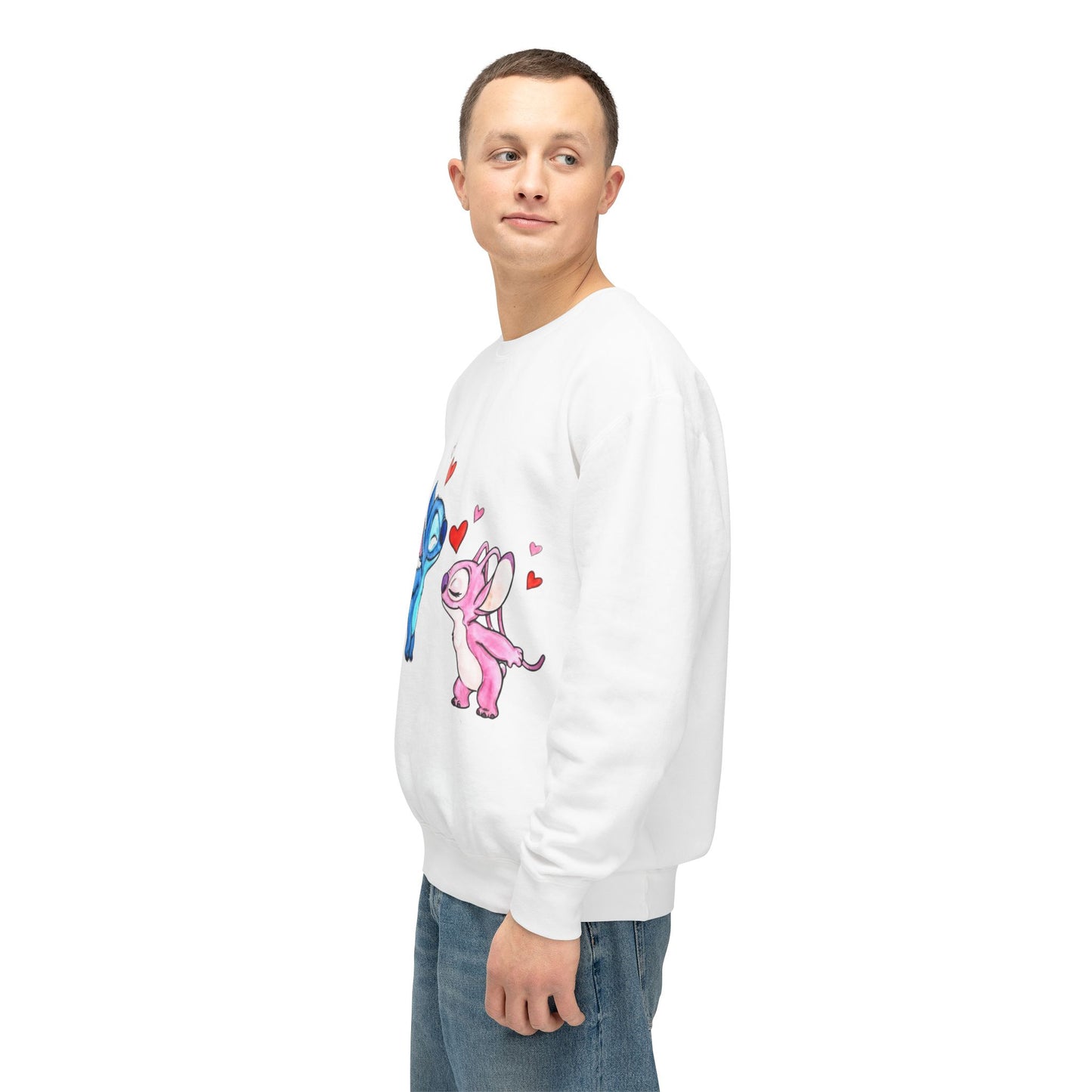 Cute Stitch Valentine Sweatshirt — Blue & Pink Love Characters with Hearts