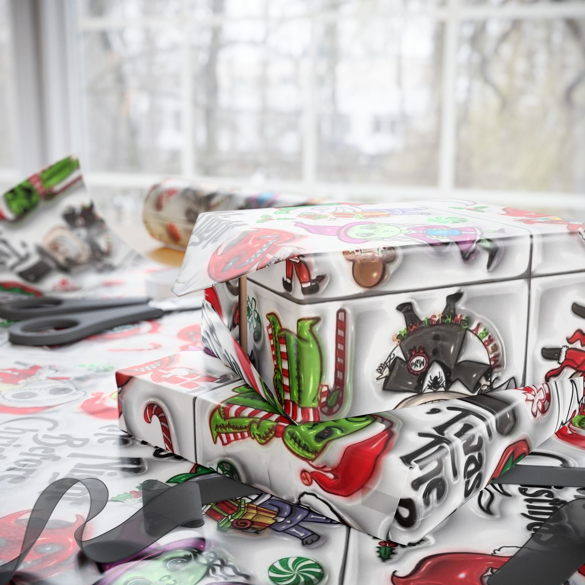 Christmas Character Wrapping Paper Roll — Cute Festive Santa & Skeleton Gift Wrap Whimsical Holiday Gift Wrap