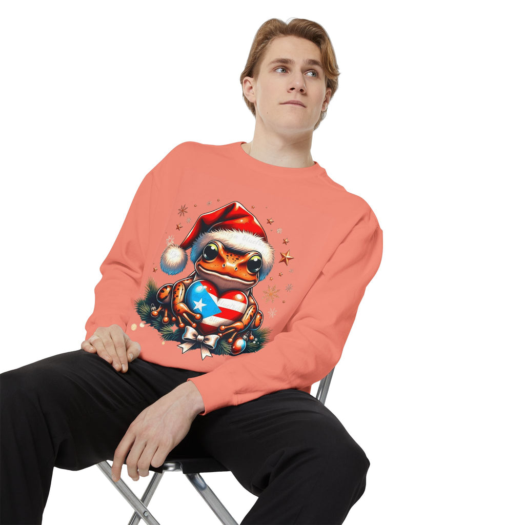 Christmas Coqui Sweatshirt — Cute Santa Frog Holding Ornament Holiday Sweater