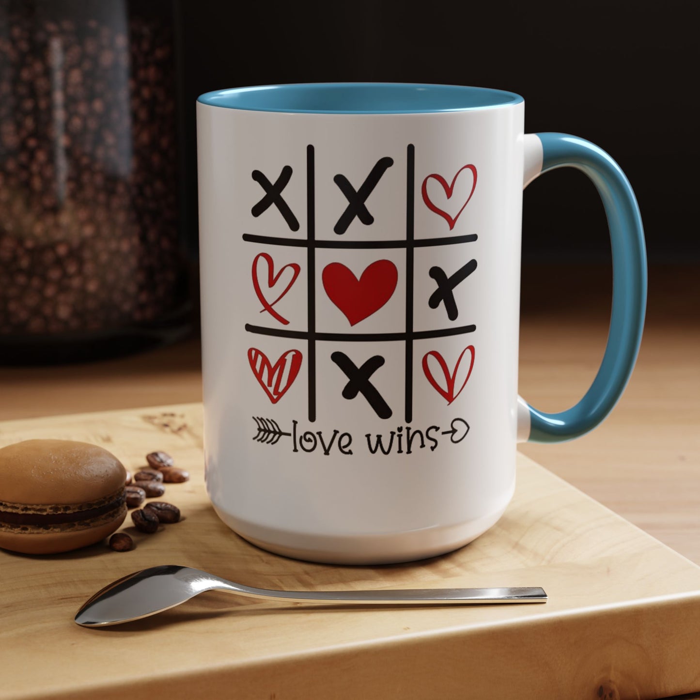 Love Wins Tic-Tac-Toe Heart Accent Coffee Mug — Romantic Valentine 11/15oz