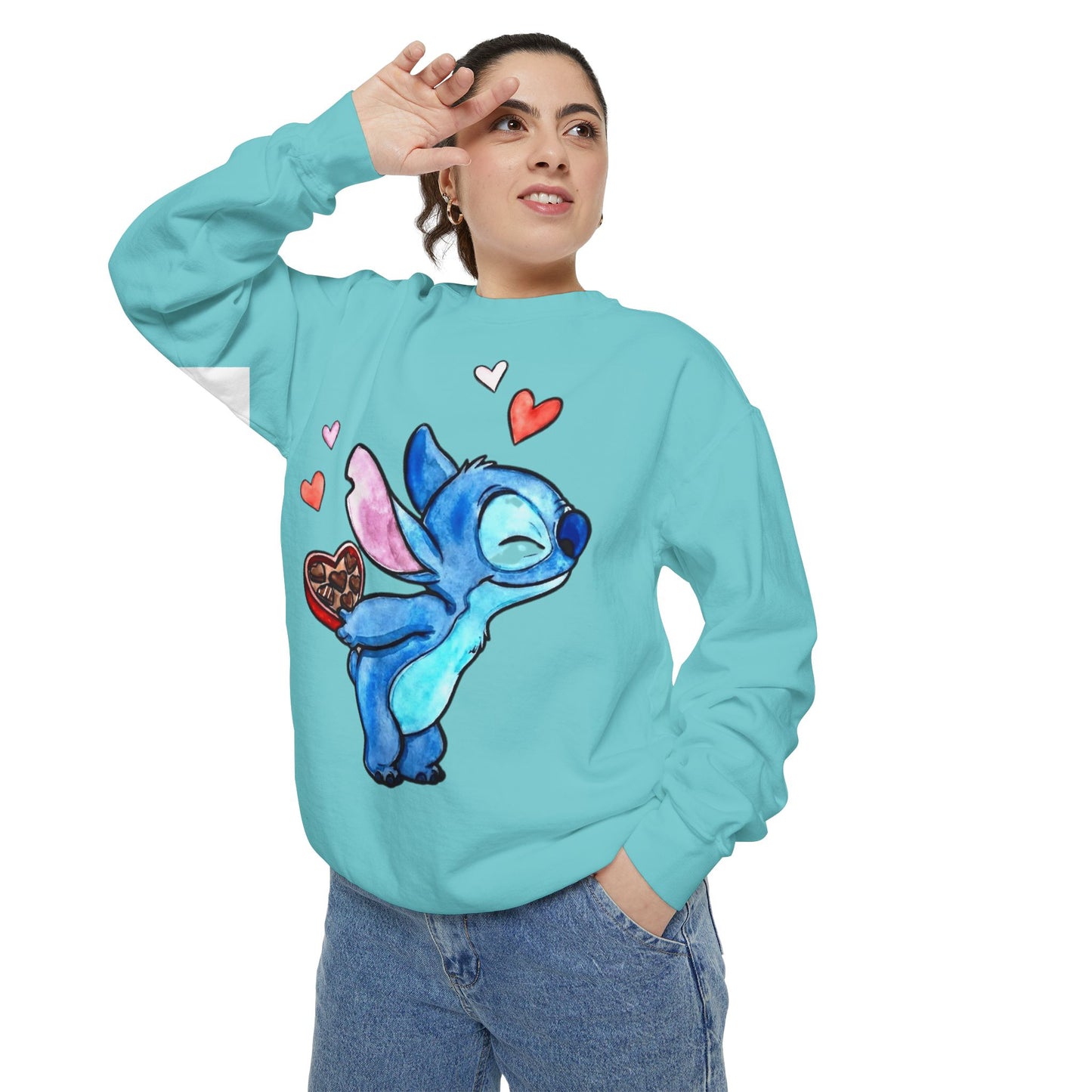 Stitch Valentine Sweatshirt — Cute Blue Alien with Hearts & Chocolate Pocket