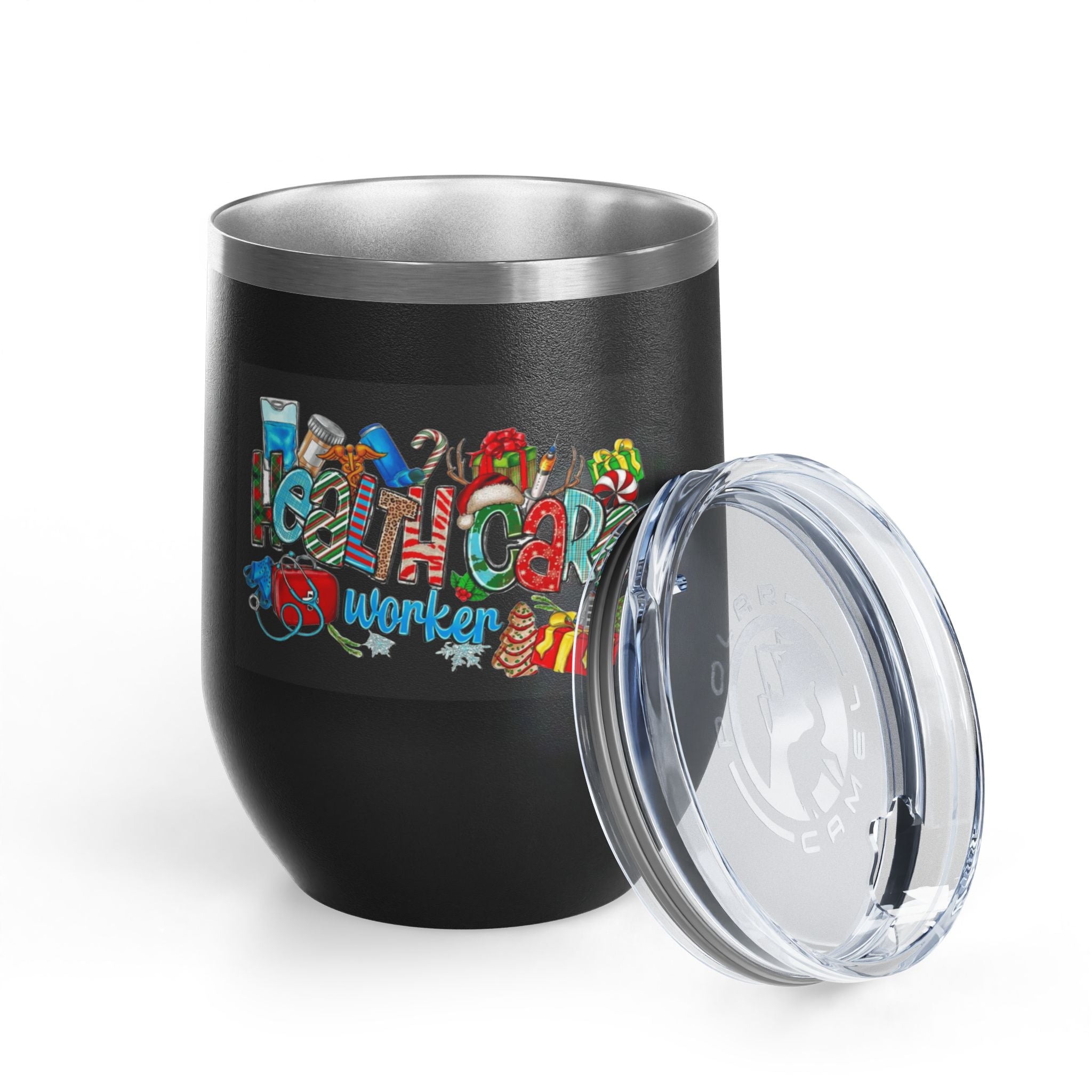 Healthcare Worker 12oz Wine Tumbler — Colorful Holiday Medical Staff Gift Medical Christmas Mug