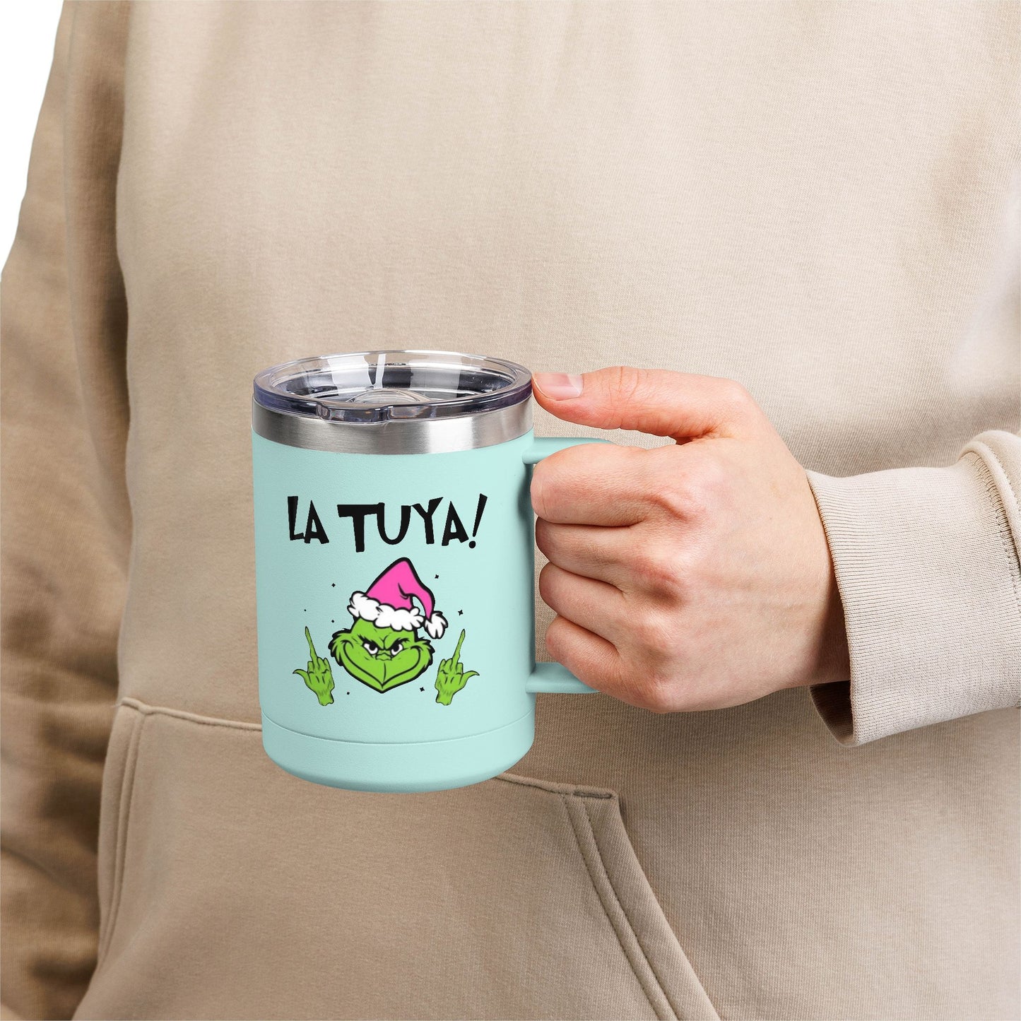 Holiday Grinch Coffee Mug Tumbler - 15oz Vaso / Taza de Acero Inoxidable – Diseño Navideño
